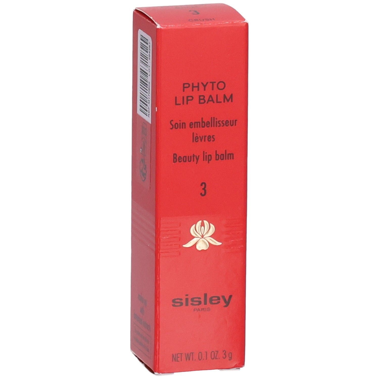 Rote Faltschachtel für SIS PHYTO LIP BALM, mit Produktinformationen und Sisley-Logo.