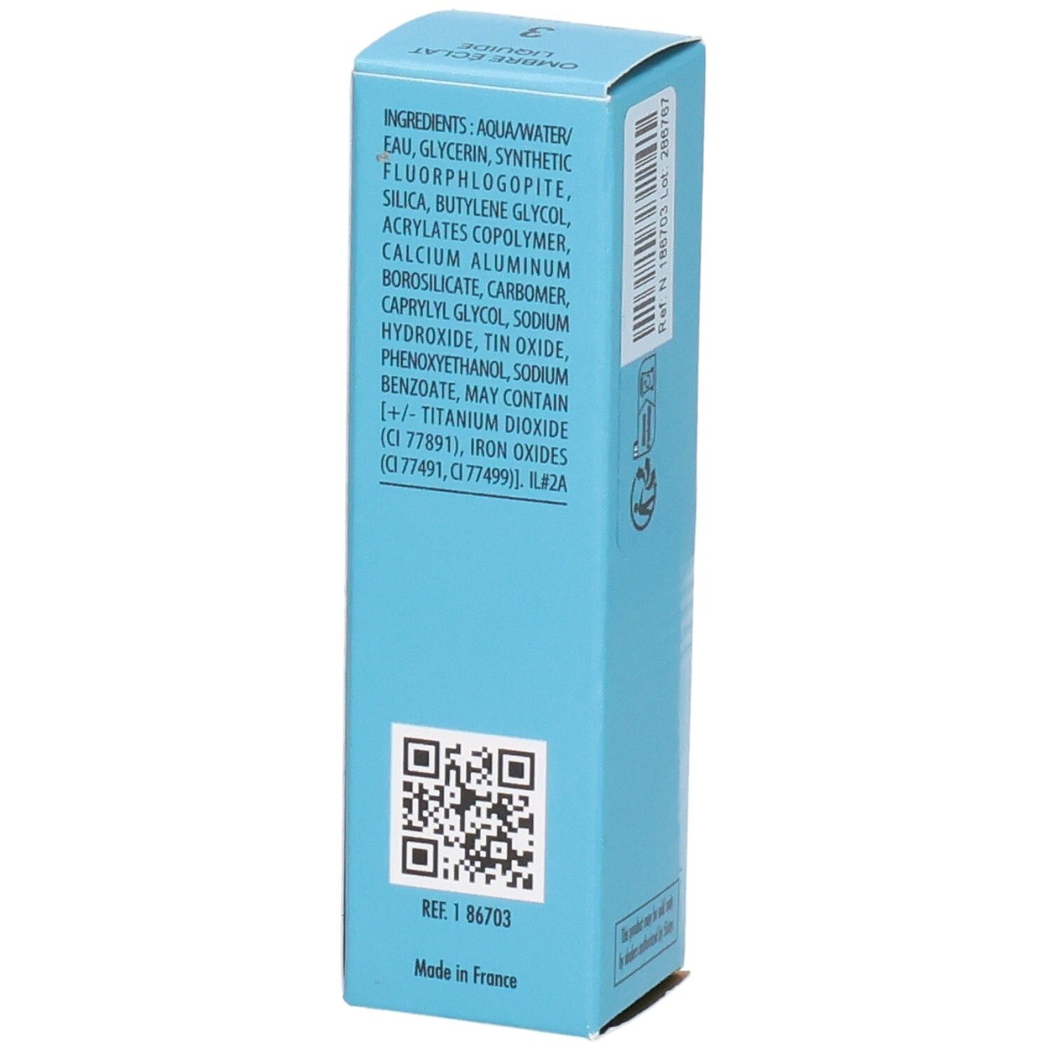 Sisley Ombre Eclat Liquide Lidschatten, Seite mit Inhaltsstoffen und QR-Code.