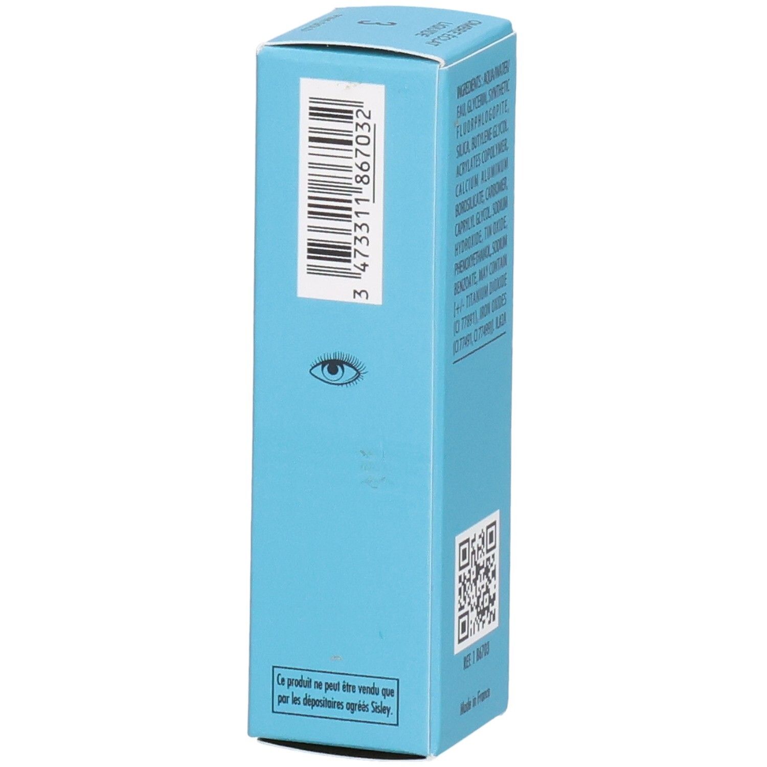 Sisley Ombre Eclat Liquide Lidschatten, Seite mit Barcode, Augen-Symbol und QR-Code.