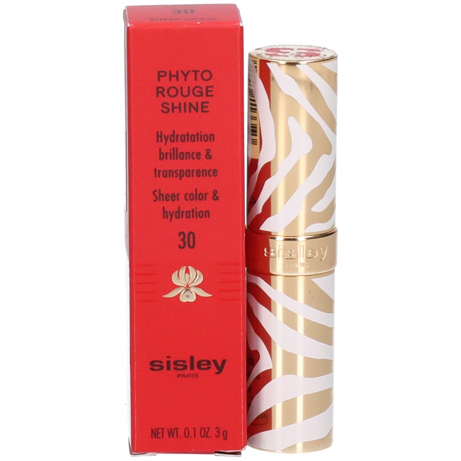 Sisley Phyto Rouge Shine Lippenstift in gold-weißem Zebra-Muster.