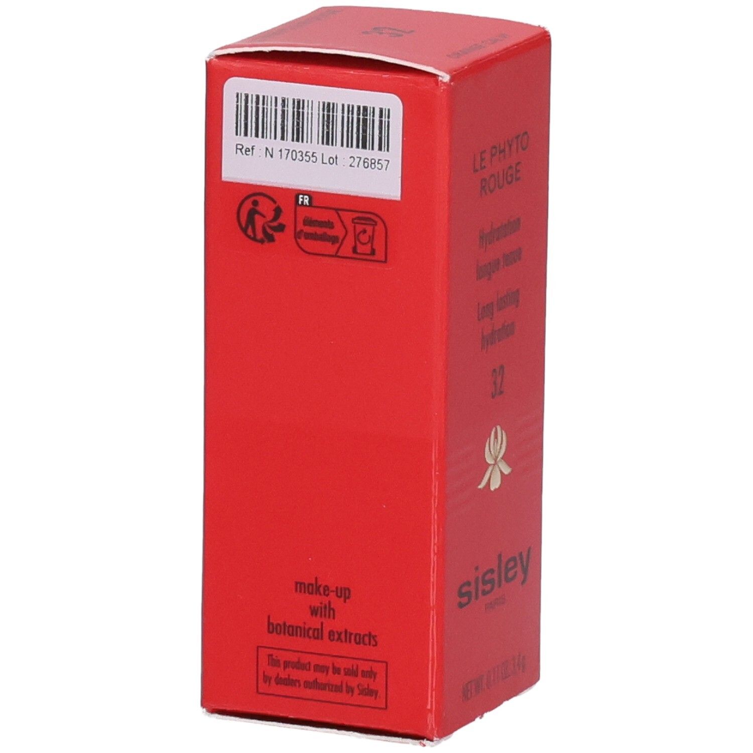 Sisley Le Phyto Rouge Lippenstift-Verpackung, Rückseite mit Barcode, Symbolen und Text.