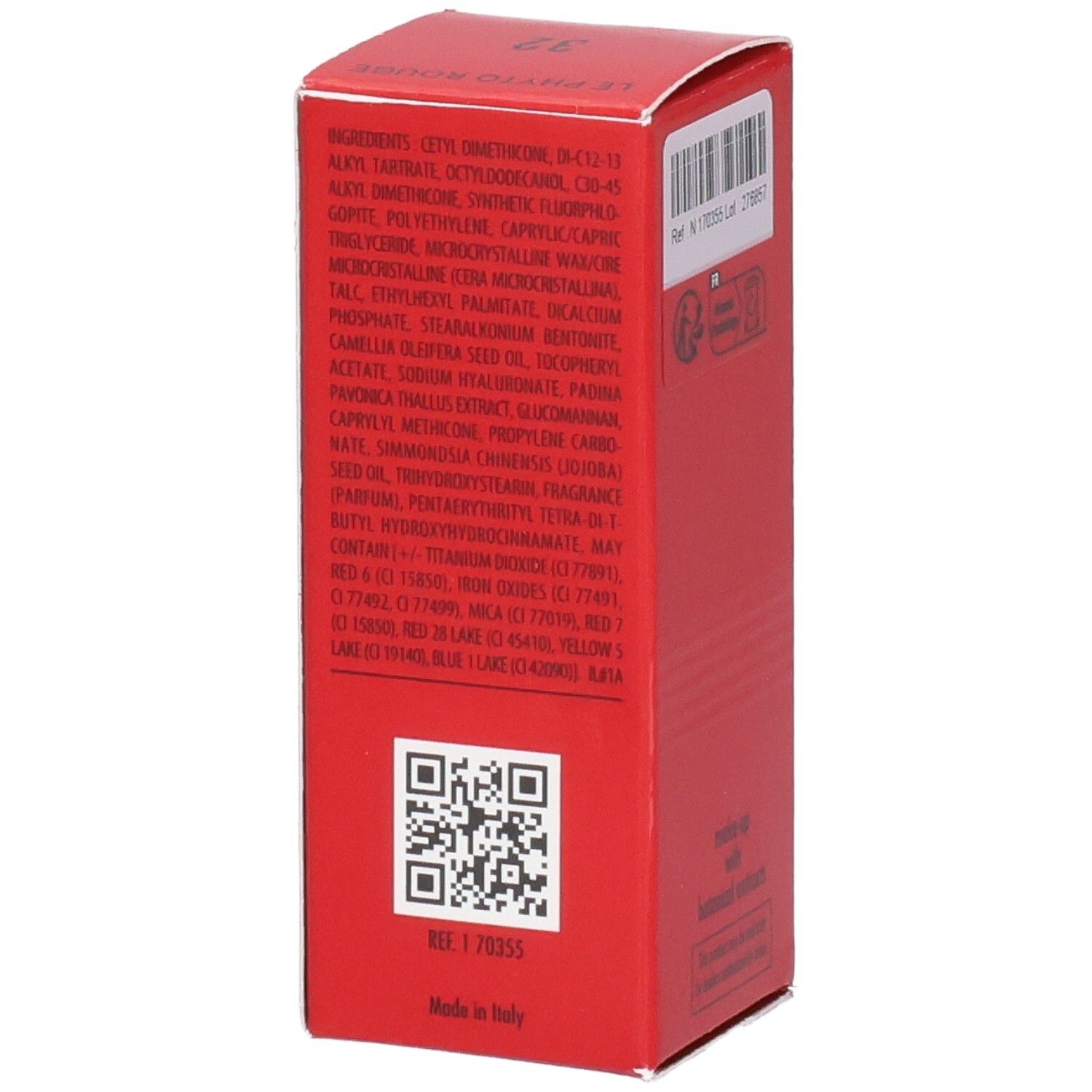 Sisley Le Phyto Rouge Lippenstift-Verpackung, Seite mit Inhaltsstoffen und QR-Code.