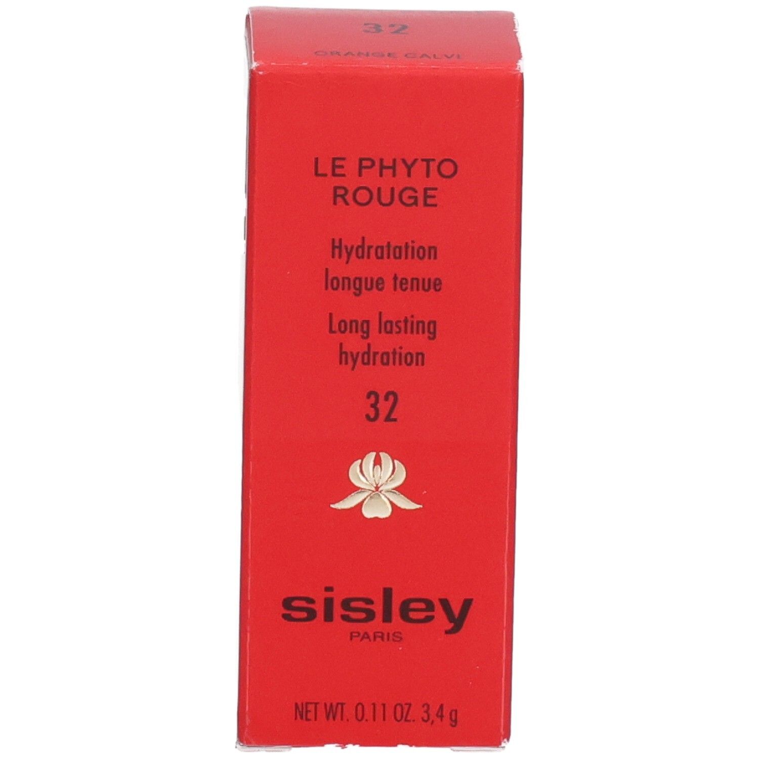 Sisley Le Phyto Rouge Lippenstift-Verpackung, rote Schachtel mit goldener Blüte und Logo.