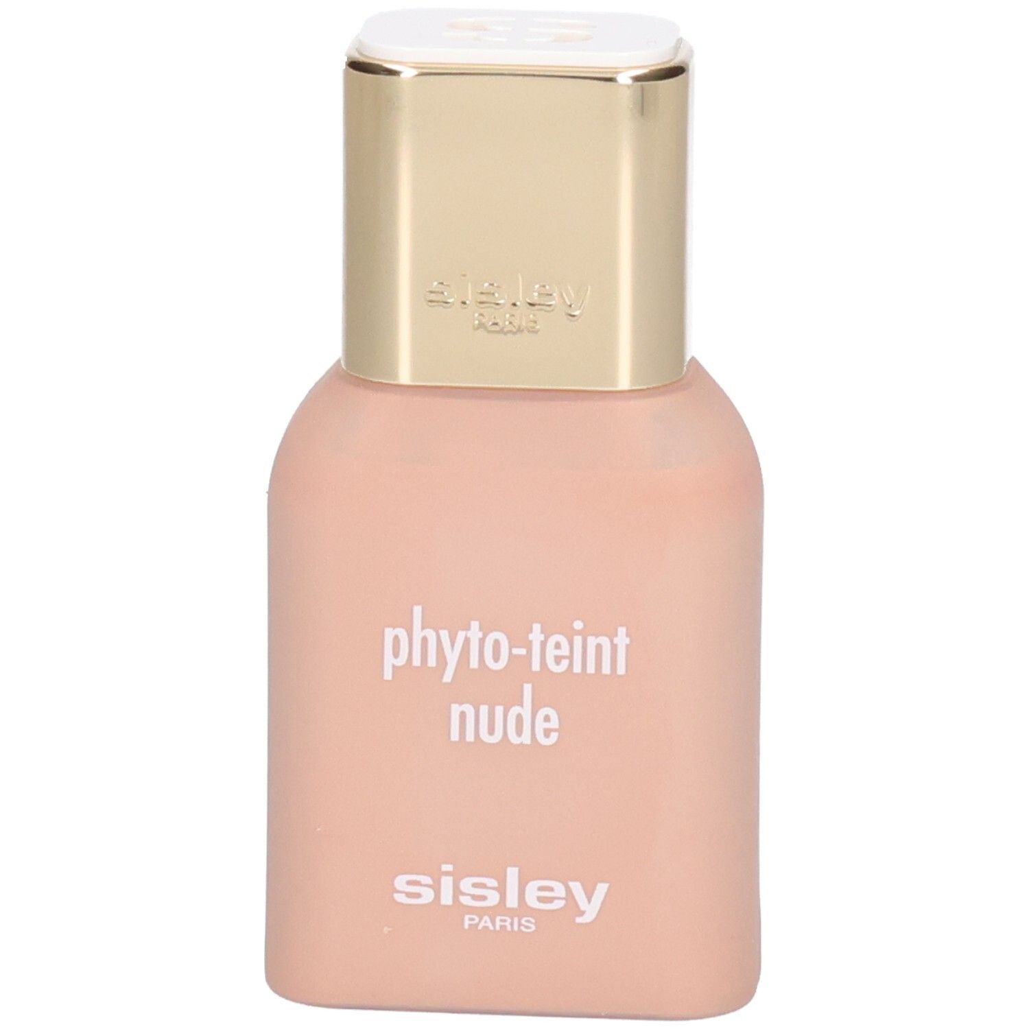 Sisley Phyto-Teint Nude Foundation Flakon in hellem Pfirsichton mit goldenem Deckel.