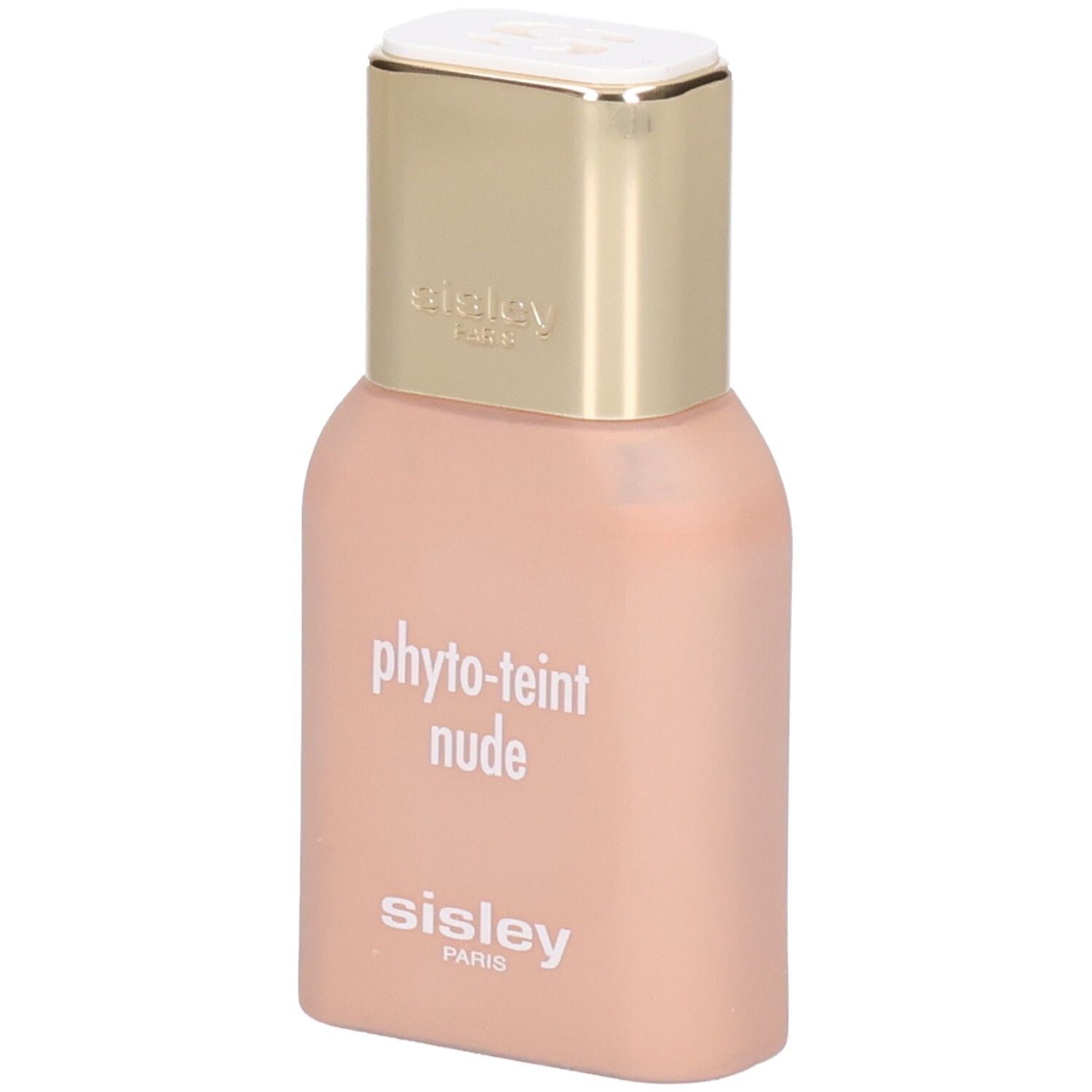 Sisley Phyto-Teint Nude Foundation Flakon in hellem Pfirsichton mit goldenem Deckel.
