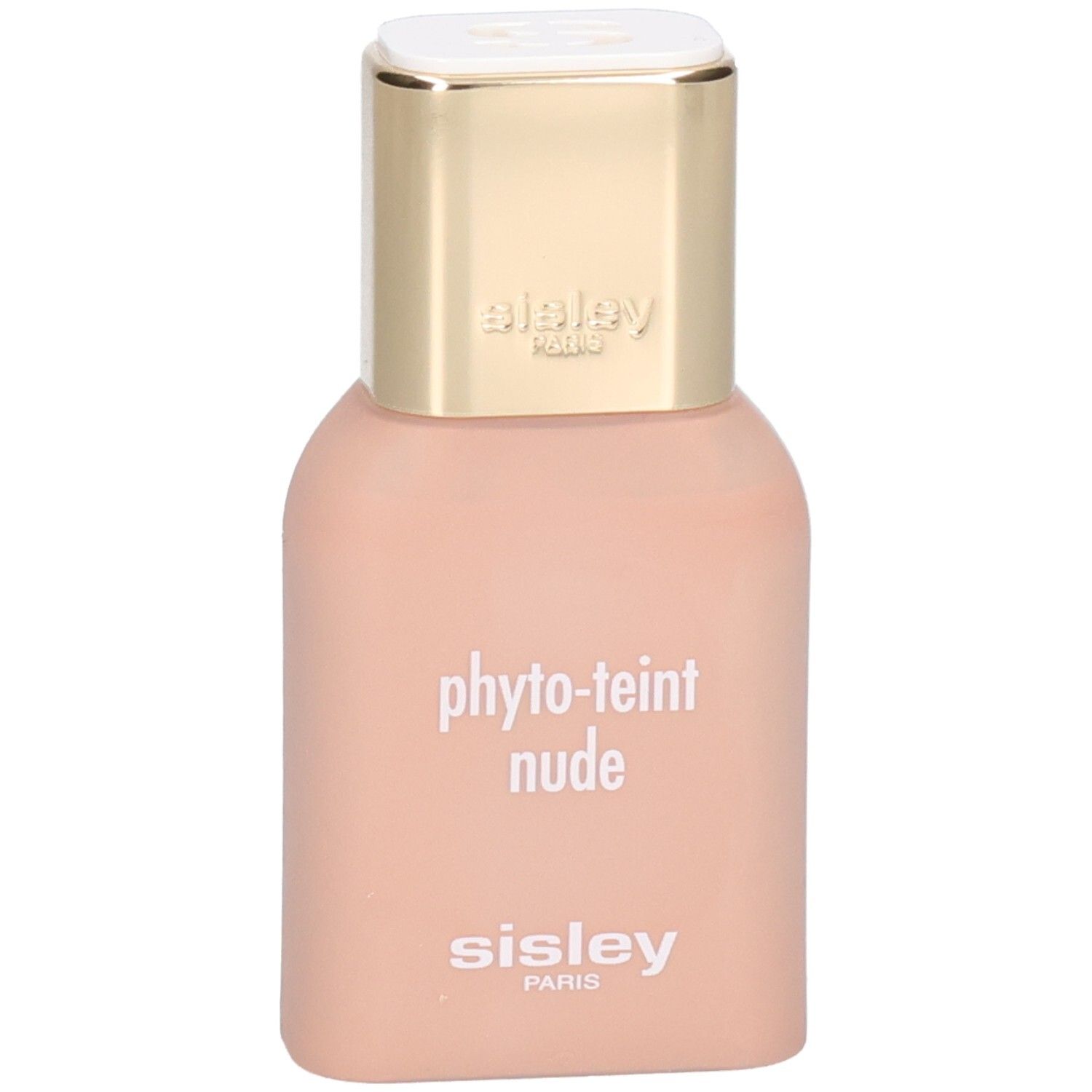 Sisley Phyto-Teint Nude Foundation Flakon in hellem Pfirsichton mit goldenem Deckel.