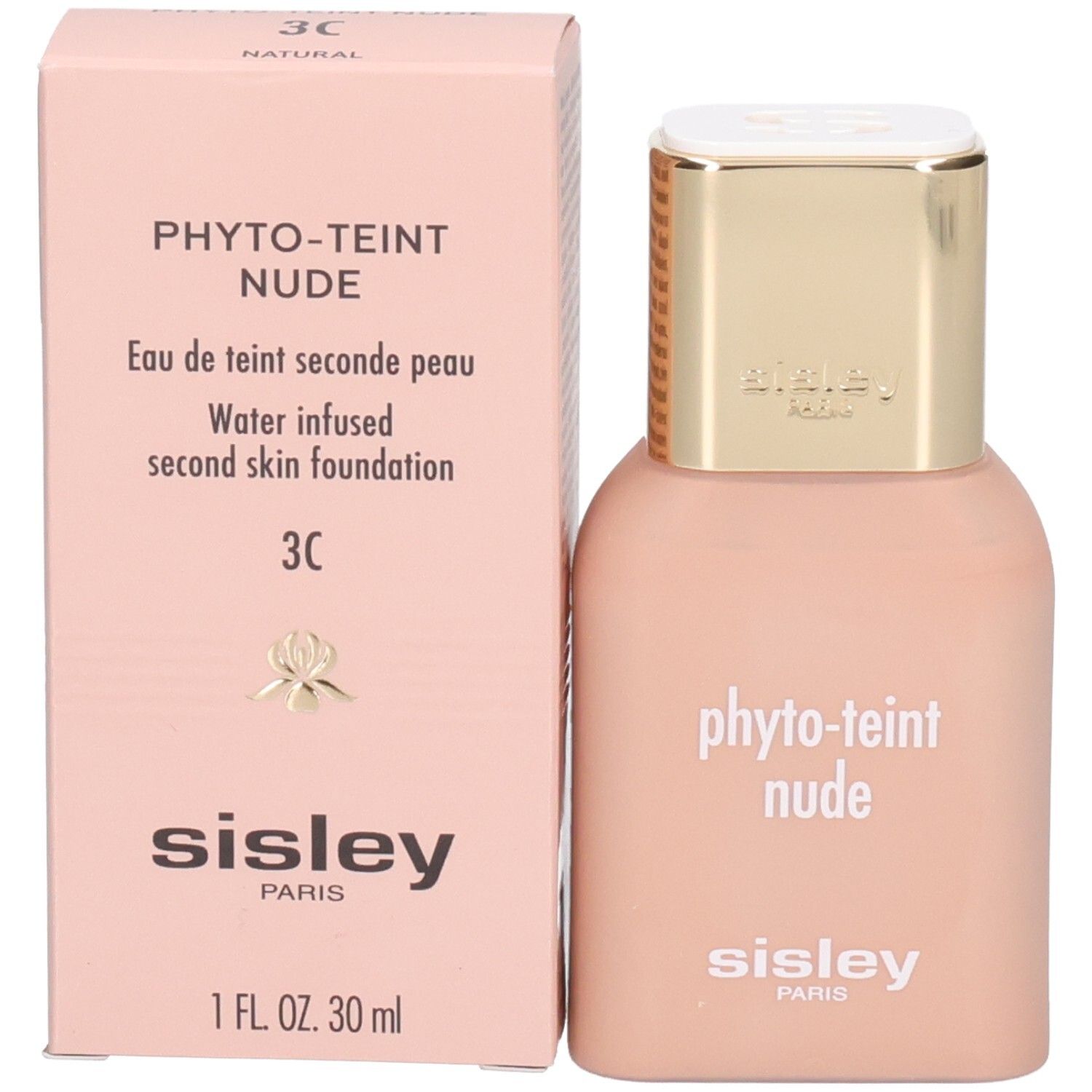 Sisley Phyto-Teint Nude Foundation Flakon und Verpackung in hellem Pfirsichton.