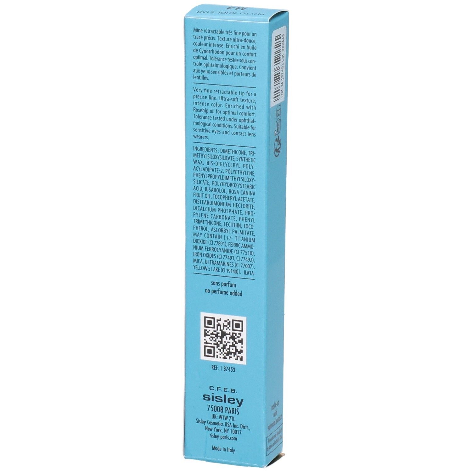 Sisley Phyto-Khol Star Waterproof Eyeliner M4, Seitenansicht der blauen Faltschachtel mit Inhaltsstoffen.