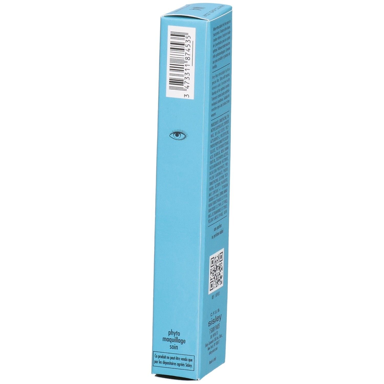 Sisley Phyto-Khol Star Waterproof Eyeliner M4, Seitenansicht der blauen Faltschachtel mit QR-Code.
