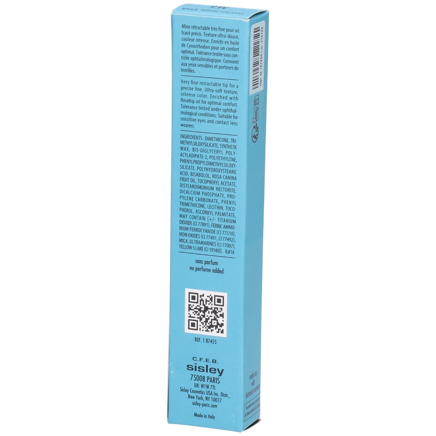 Sisley Phyto-Khol Star Waterproof Eyeliner M6, Seitenansicht der blauen Faltschachtel mit Inhaltsstoffen.