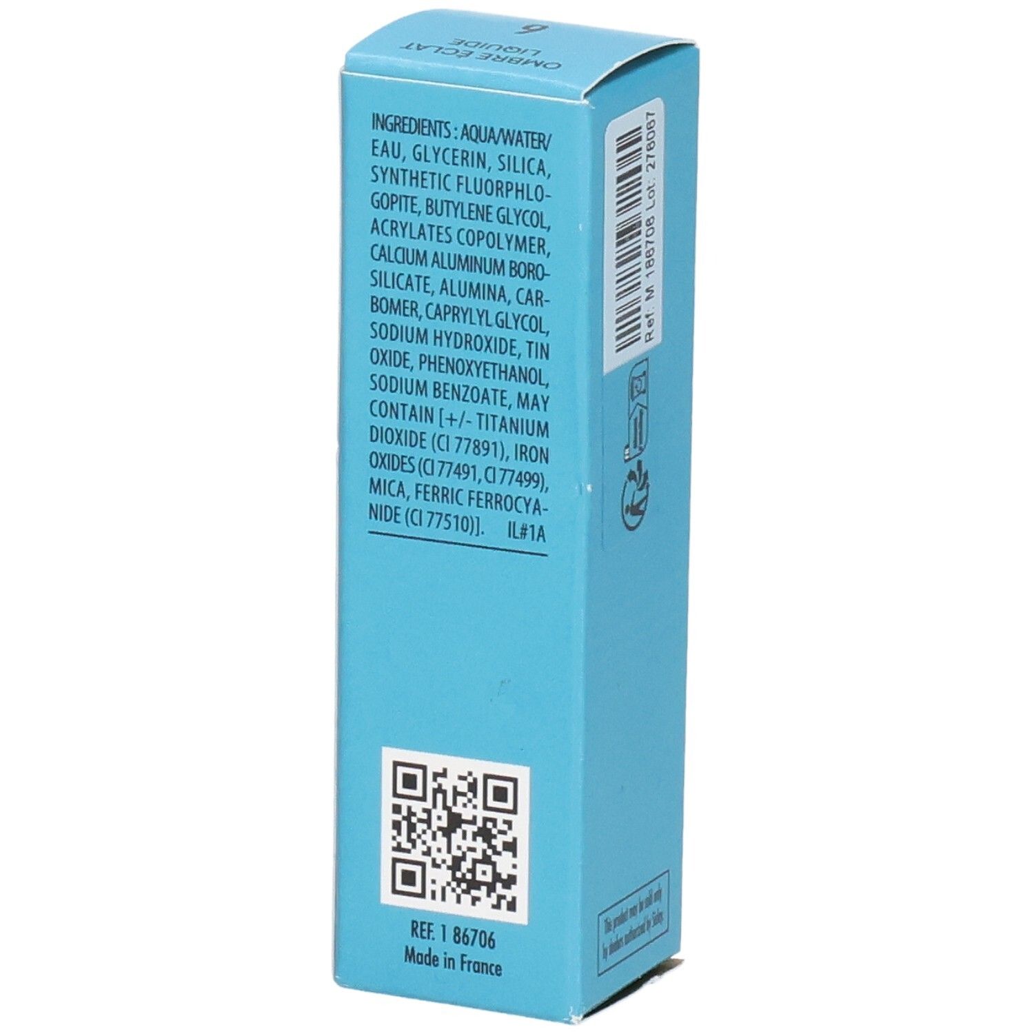 Sisley Ombre Eclat Liquide Lidschatten-Verpackung, Seite mit Inhaltsstoffen und QR-Code.
