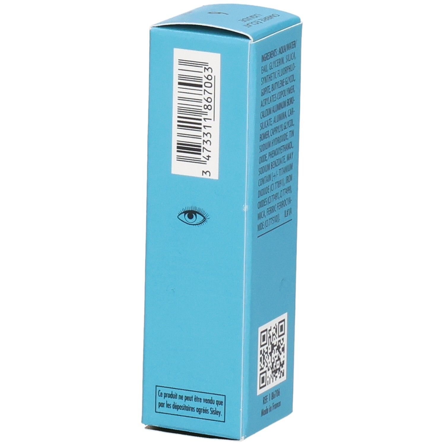Sisley Ombre Eclat Liquide Lidschatten-Verpackung, Seite mit Barcode und Augen-Symbol.