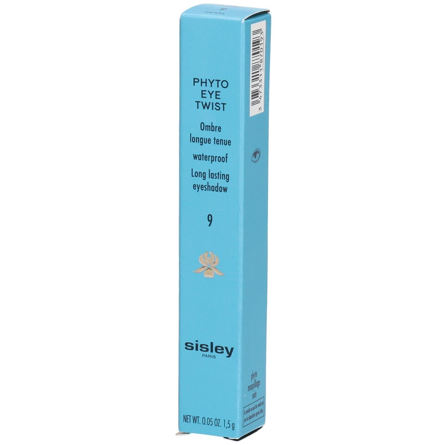 Sisley Phyto-Eye Twist Lidschattenstift in Hellblau mit Produktinformationen und Barcode.