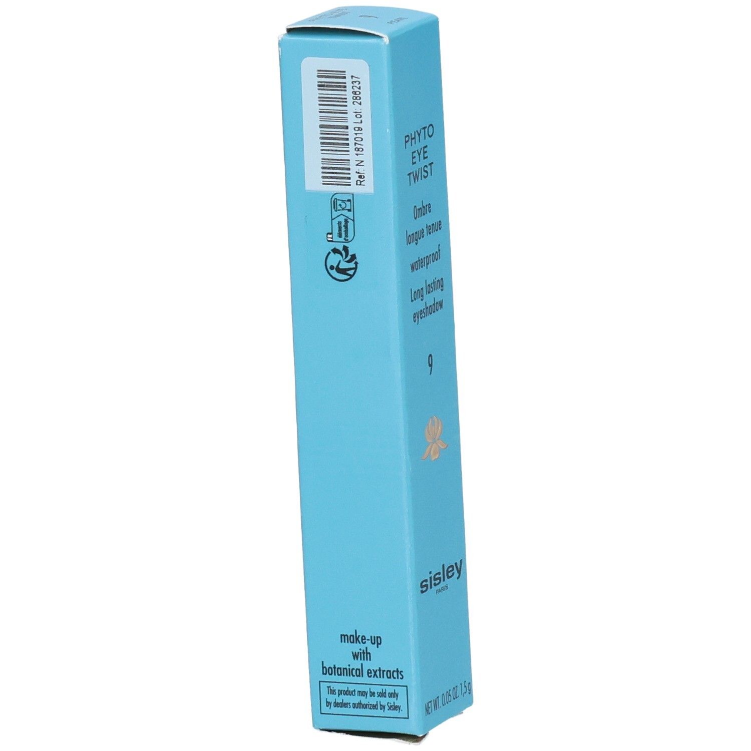 Sisley Phyto-Eye Twist Lidschattenstift in Hellblau, Rückseite mit Produktinformationen und QR-Code.
