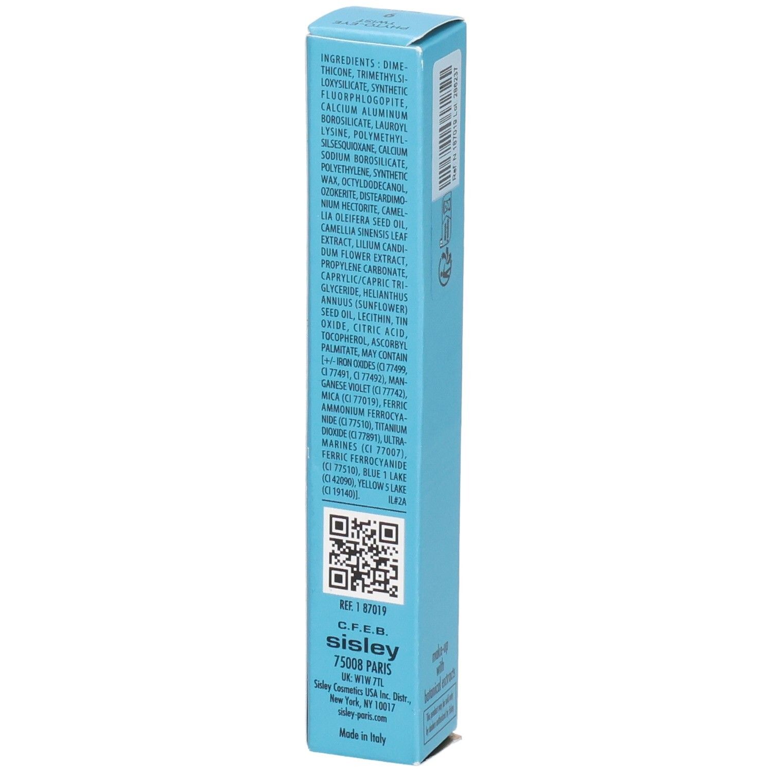 Sisley Phyto-Eye Twist Lidschattenstift in Hellblau, Seite mit Inhaltsstoffen und QR-Code.