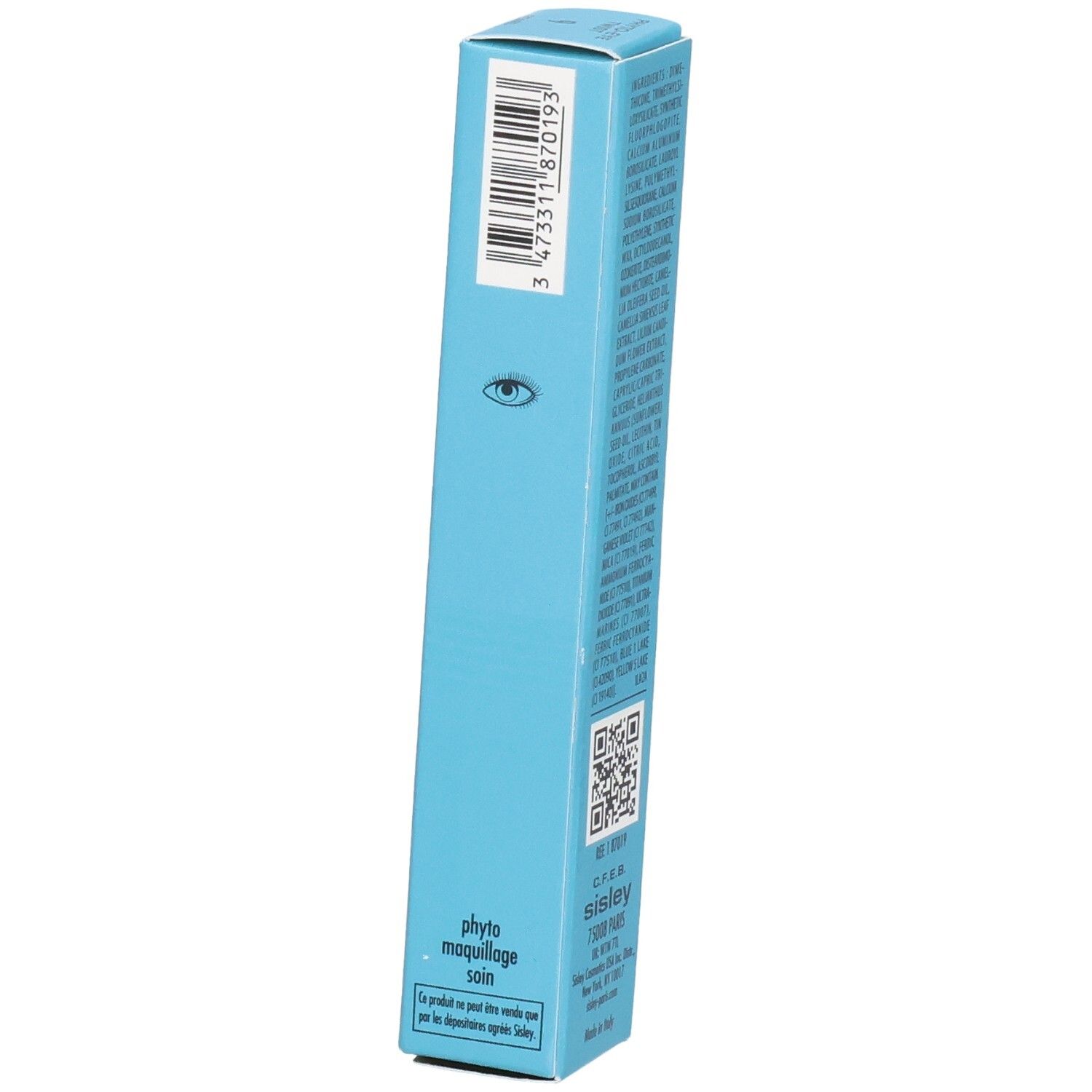 Sisley Phyto-Eye Twist Lidschattenstift in Hellblau, Seite mit Augen-Symbol und QR-Code.
