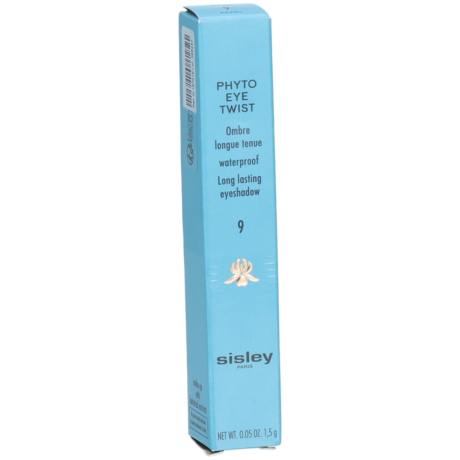 Sisley Phyto-Eye Twist Lidschattenstift in Hellblau, Rückseite mit Produktinformationen und QR-Code.