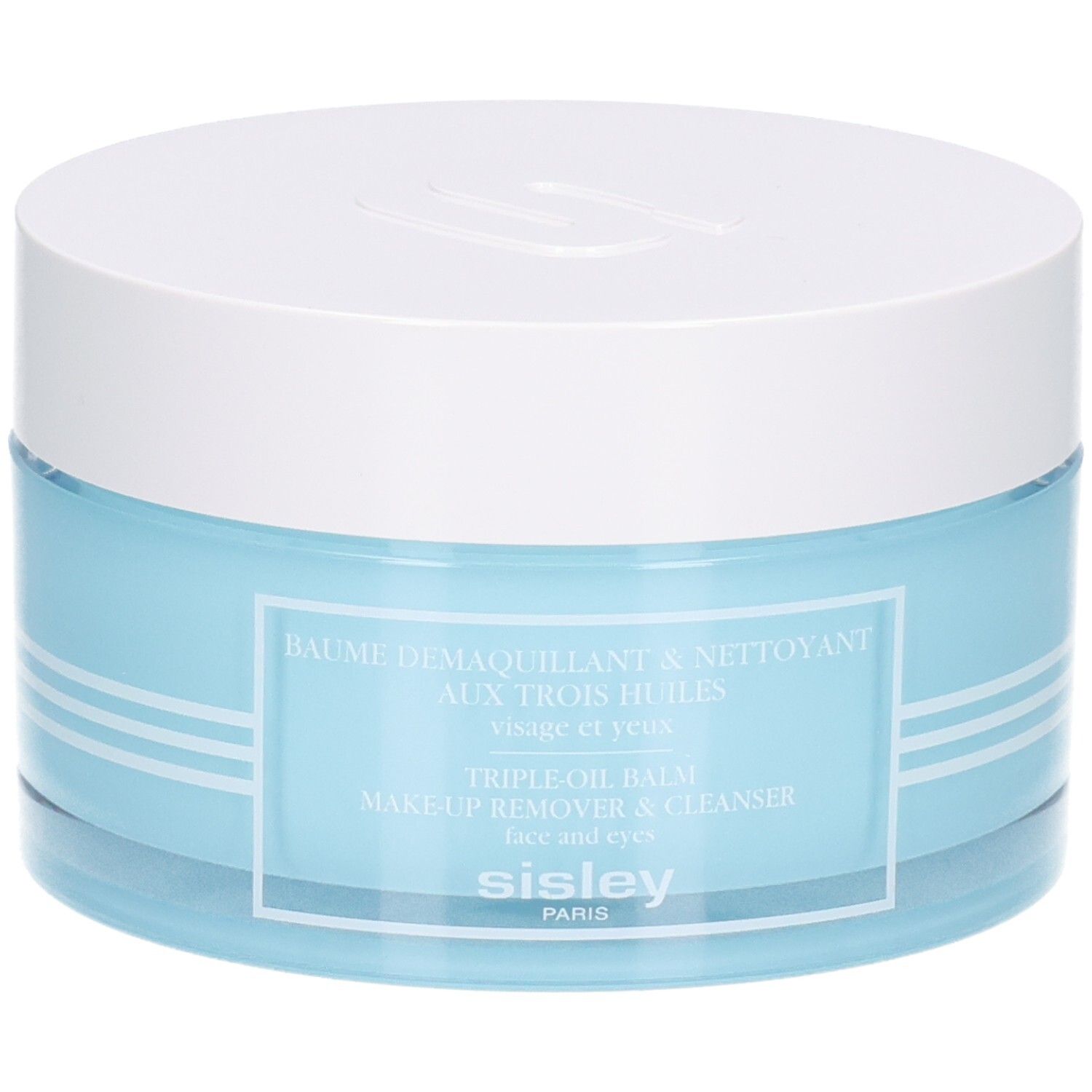 Sisley Make-up Entferner Balsam in blauem Glasbehälter mit weißem Deckel.