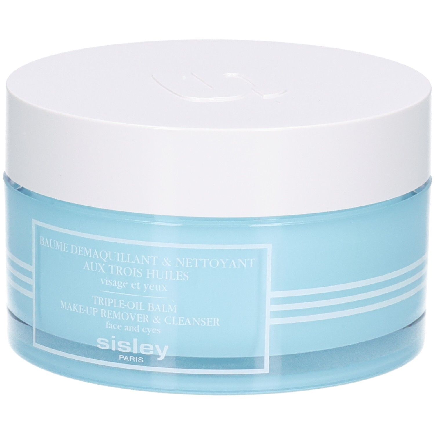 Sisley Make-up Entferner Balsam in blauem Glasbehälter mit weißem Deckel.