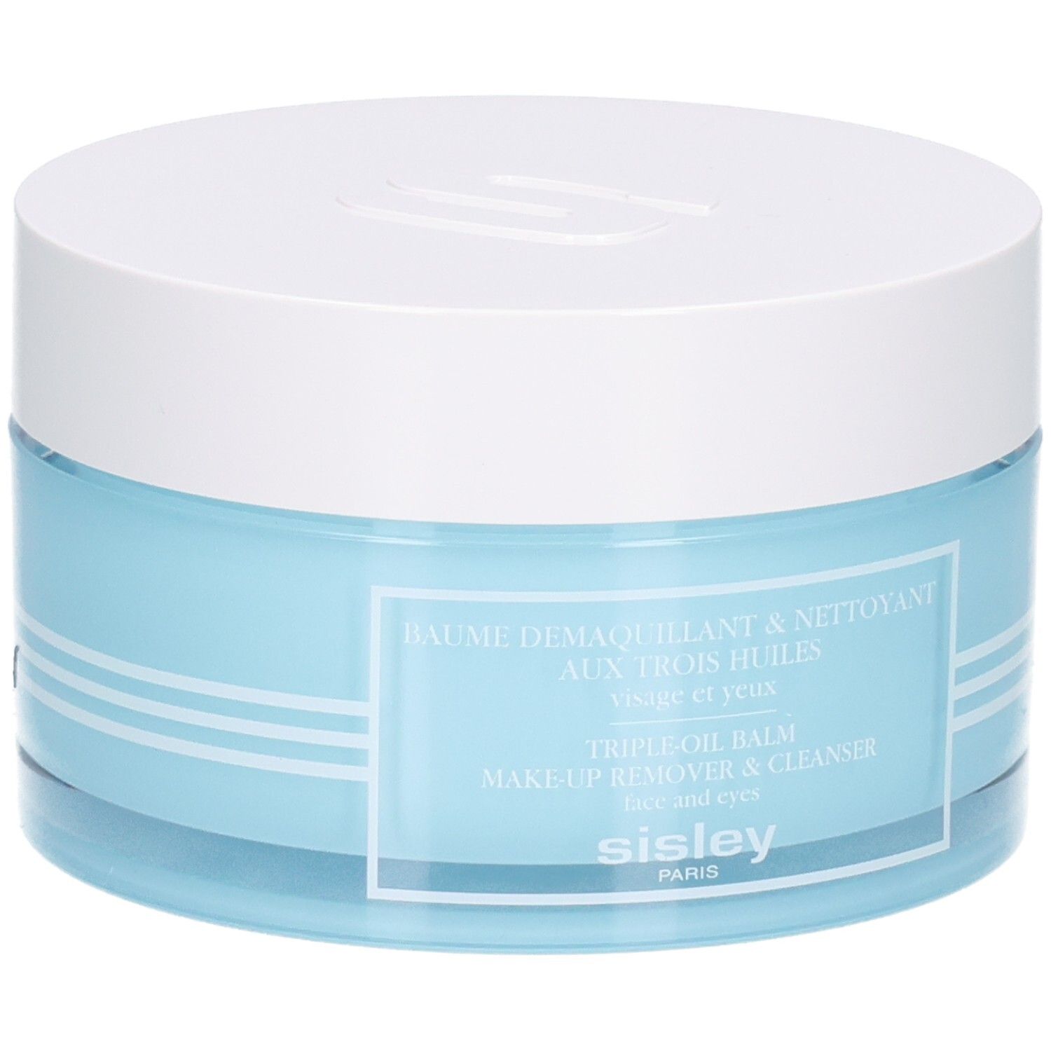 Sisley Make-up Entferner Balsam in blauem Glasbehälter mit weißem Deckel.