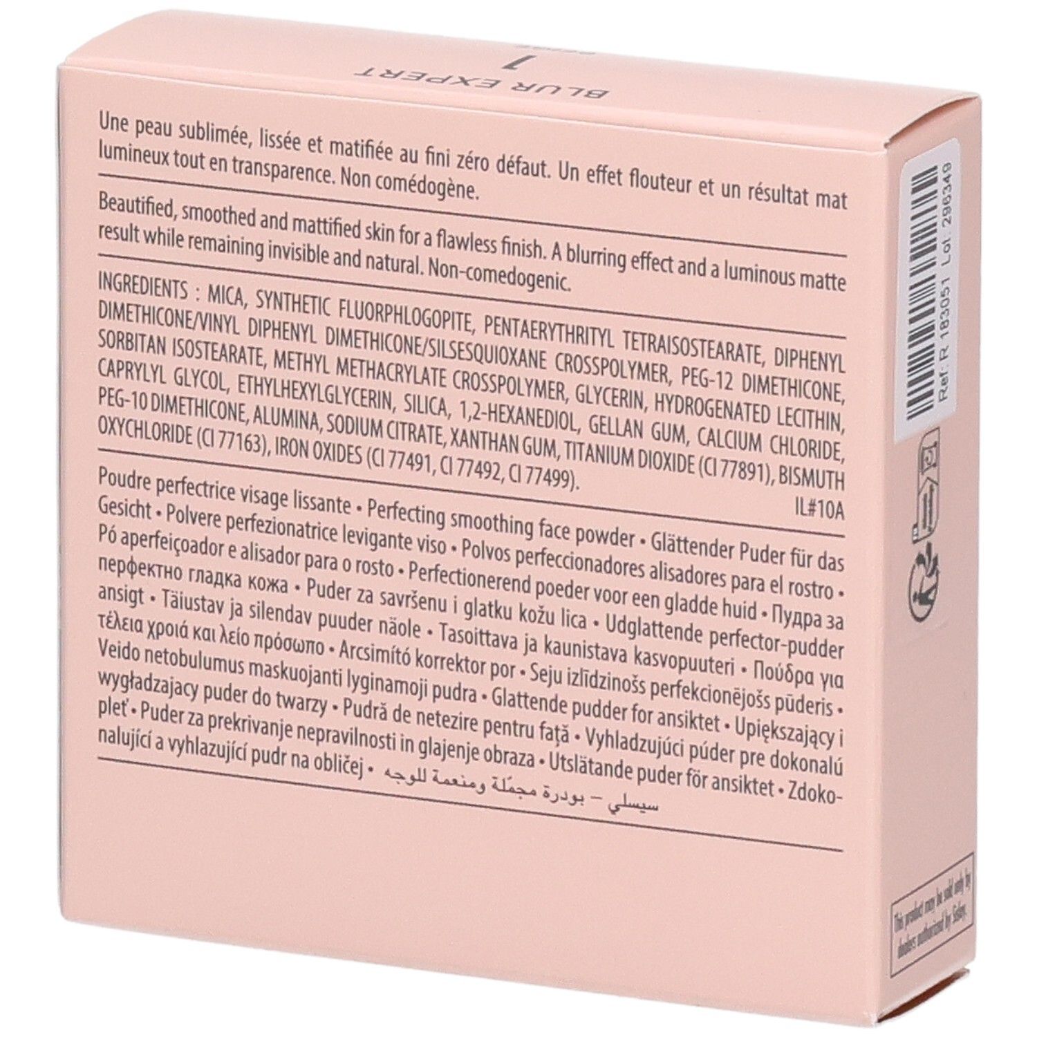 Sisley Blur Expert Puderbox, Seite mit Inhaltsstoffen und Anwendungshinweisen.
