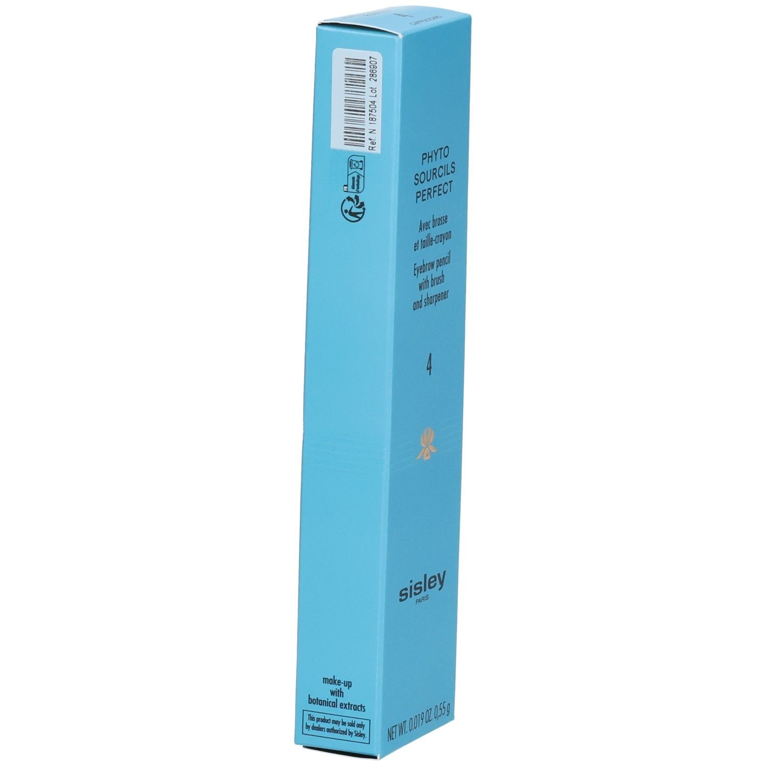 Sisley Phyto-Sourcils Perfect Augenbrauenstift Schachtel mit Barcode und Recycling-Symbolen.