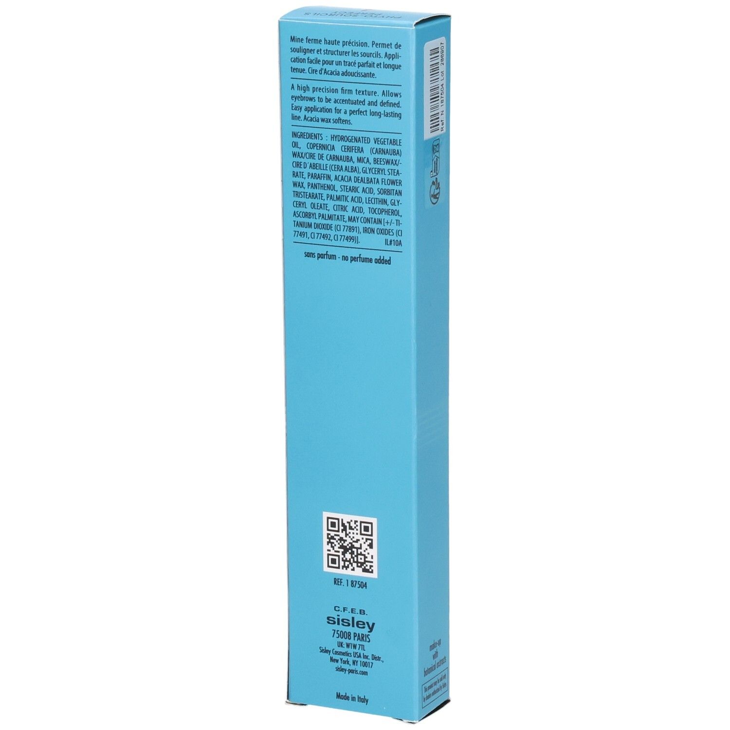 Sisley Phyto-Sourcils Perfect Augenbrauenstift Schachtel mit Inhaltsstoffen und QR-Code.