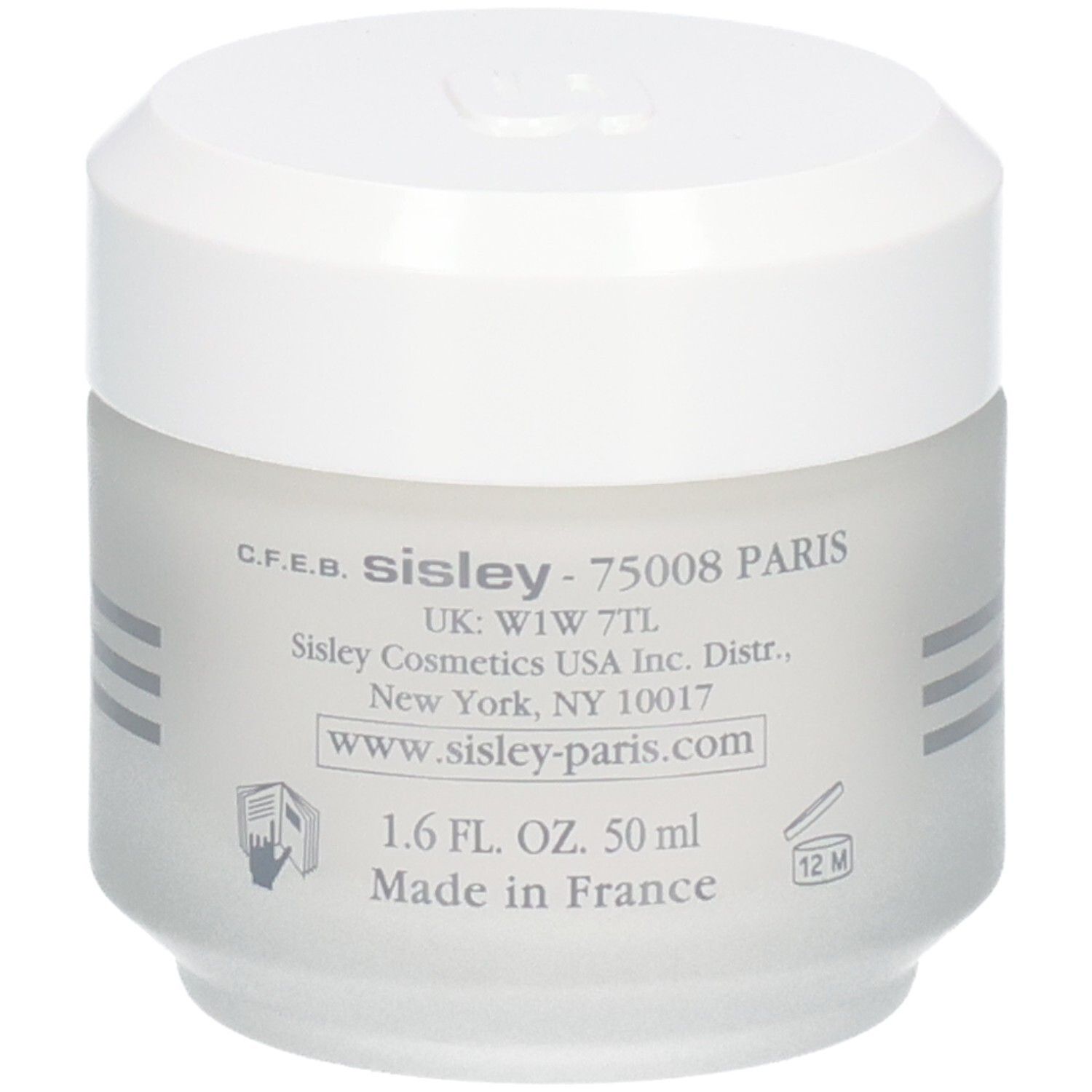 Sisley Creme Collagene et Mauve Nachtcreme, Rückseite des Tiegels mit Produktinformationen und 50 ml Angabe.