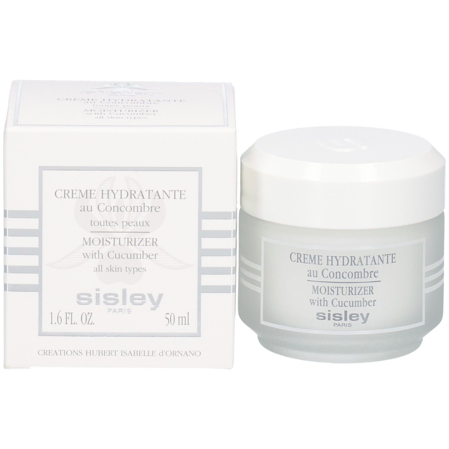 Sisley Creme Hydratante au Concombre, Behälter und Verpackung mit 50 ml Angabe.