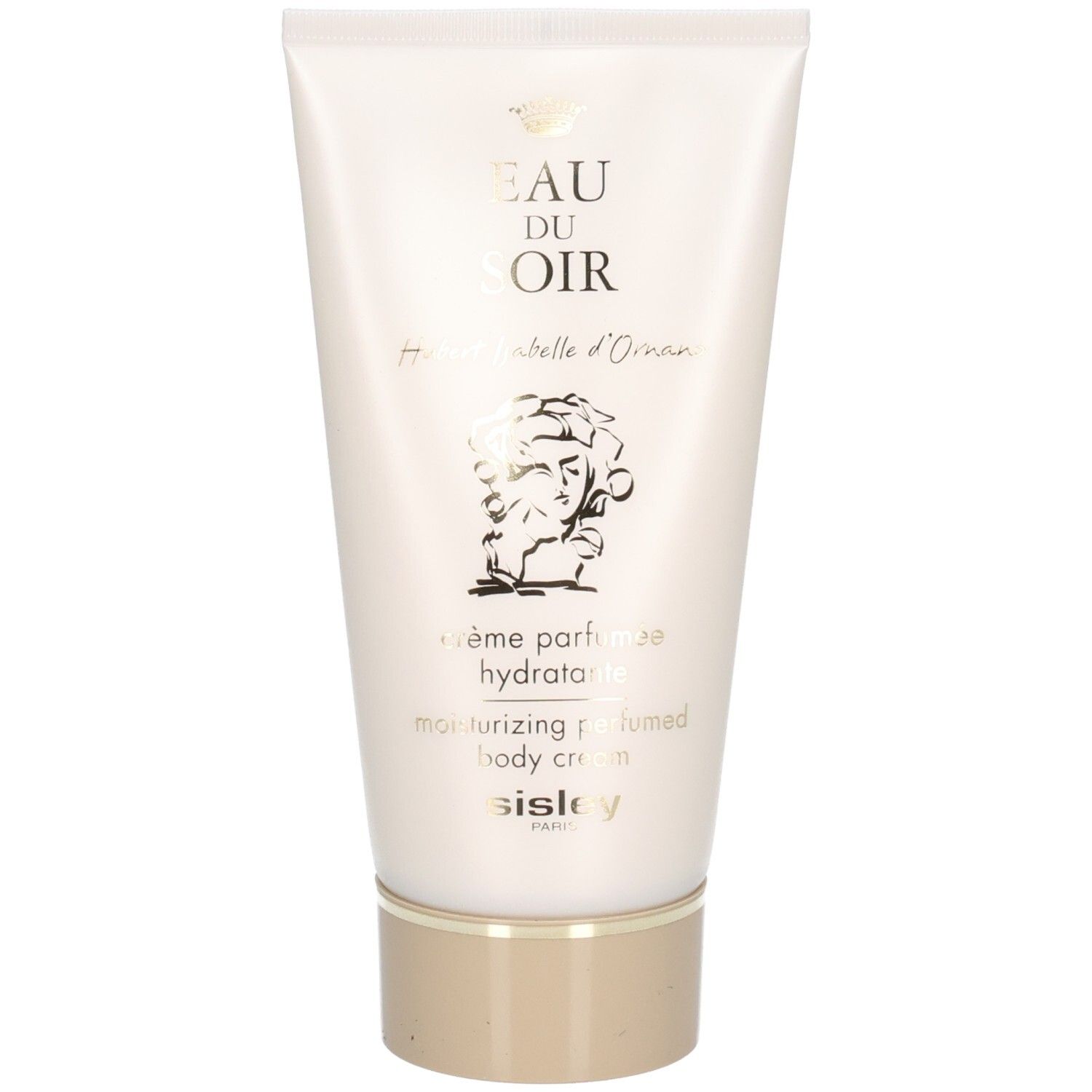 Weiße Tube mit goldener Schrift und einem Profilbild. Sisley Eau du Soir Feuchtigkeitsspendende parfümierte Körpercreme.