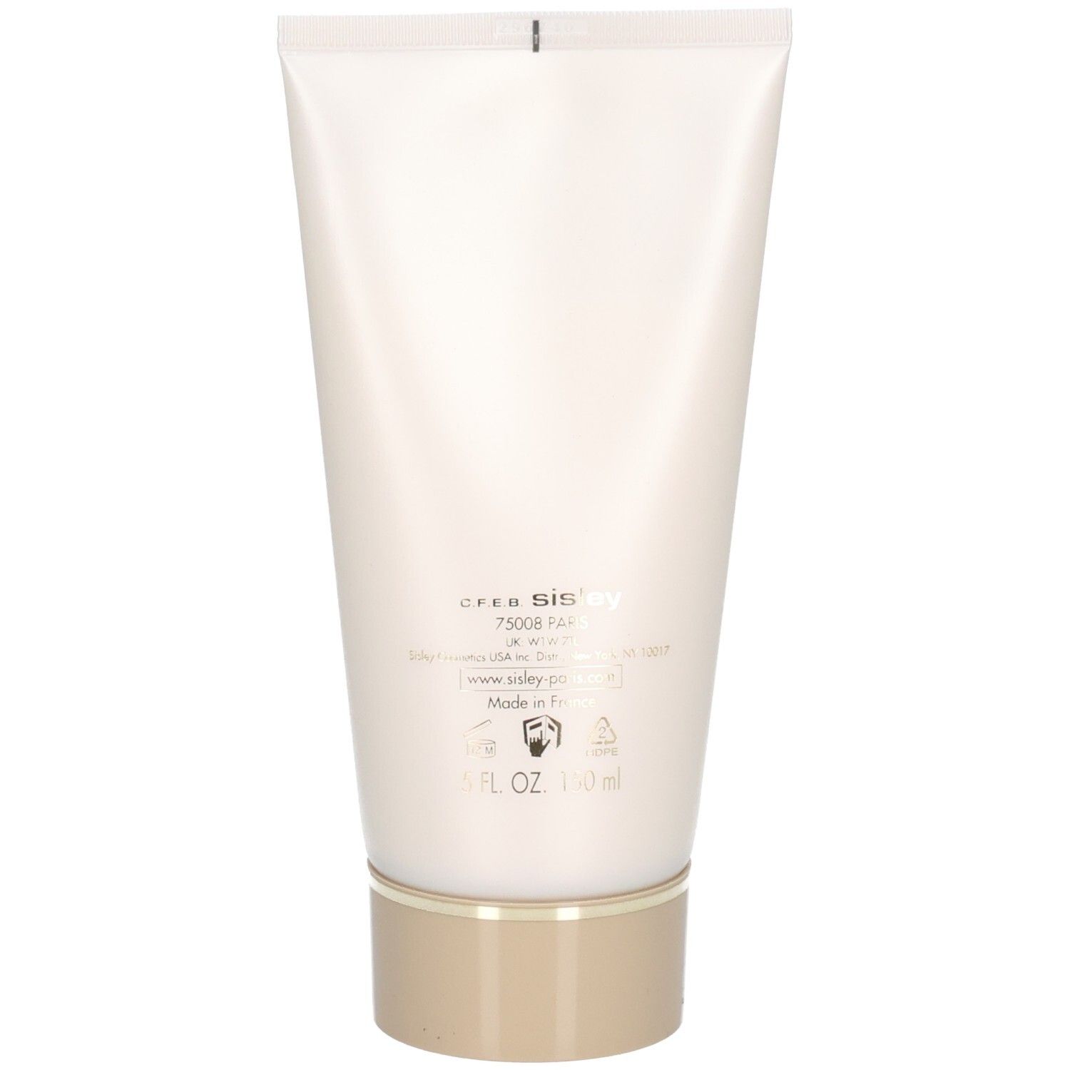 Rückseite einer weißen Tube mit Produktinformationen und Made in France-Aufdruck. Sisley Eau du Soir.