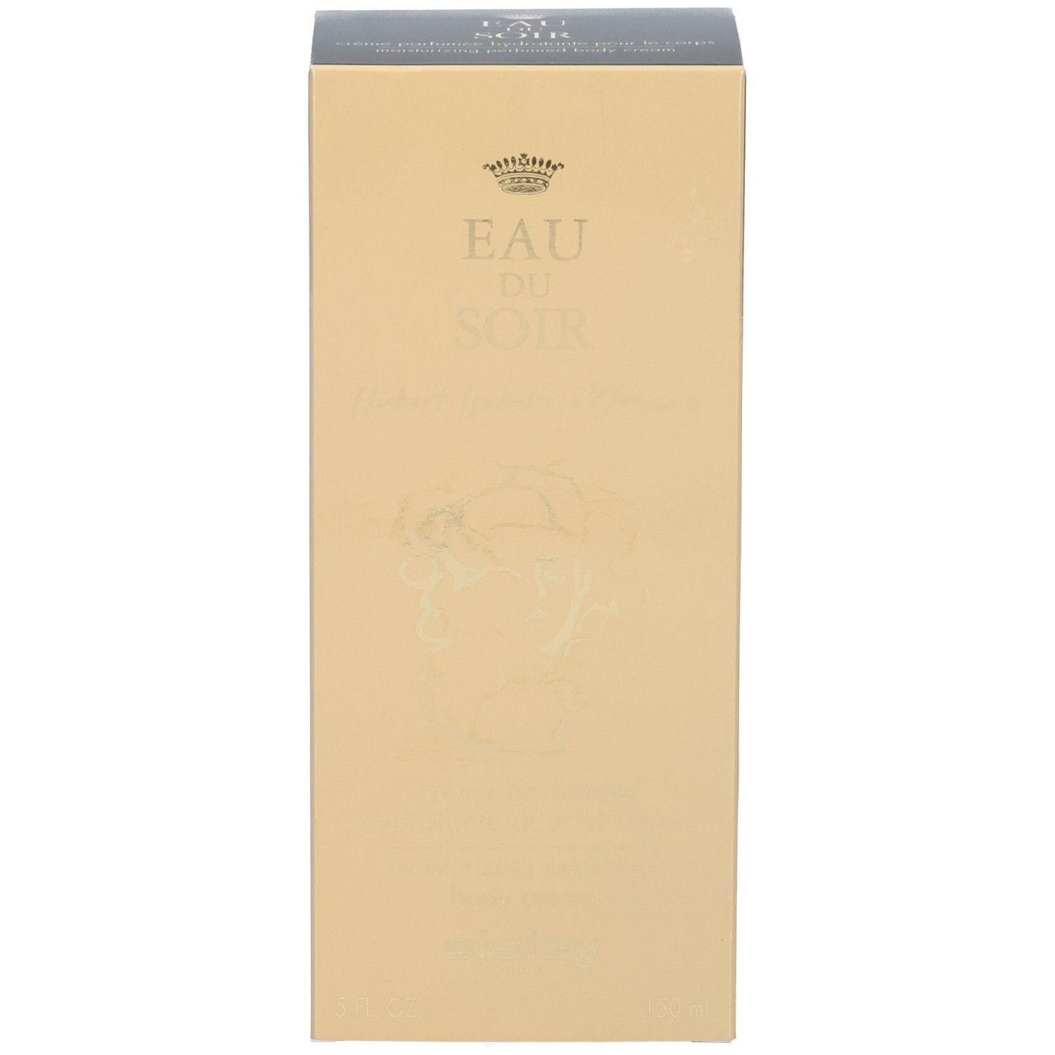 Vorderseite einer goldenen Verpackungsbox mit der Aufschrift Eau du Soir und einem Profilbild.