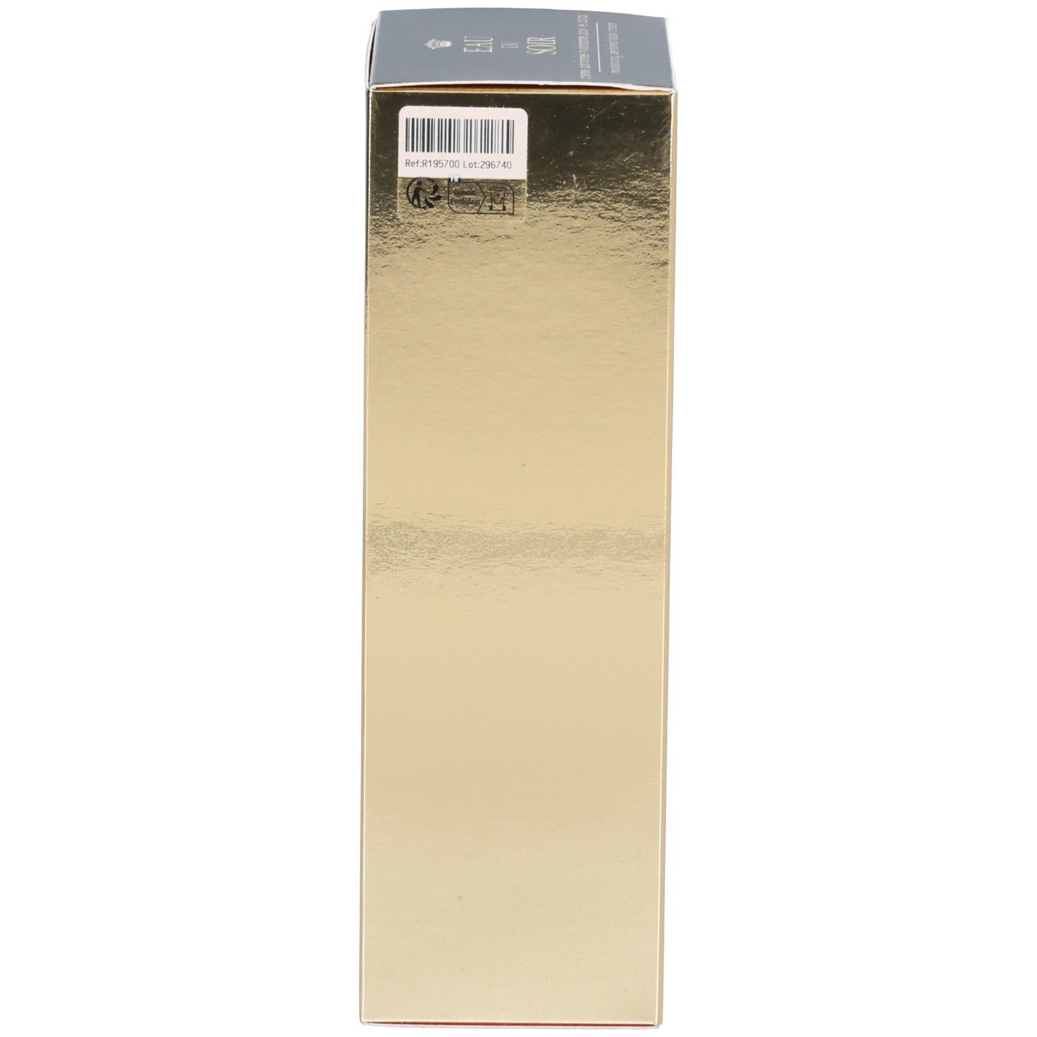 Seite einer goldenen Verpackungsbox mit Barcode und Recycling-Symbolen. Sisley Eau du Soir.