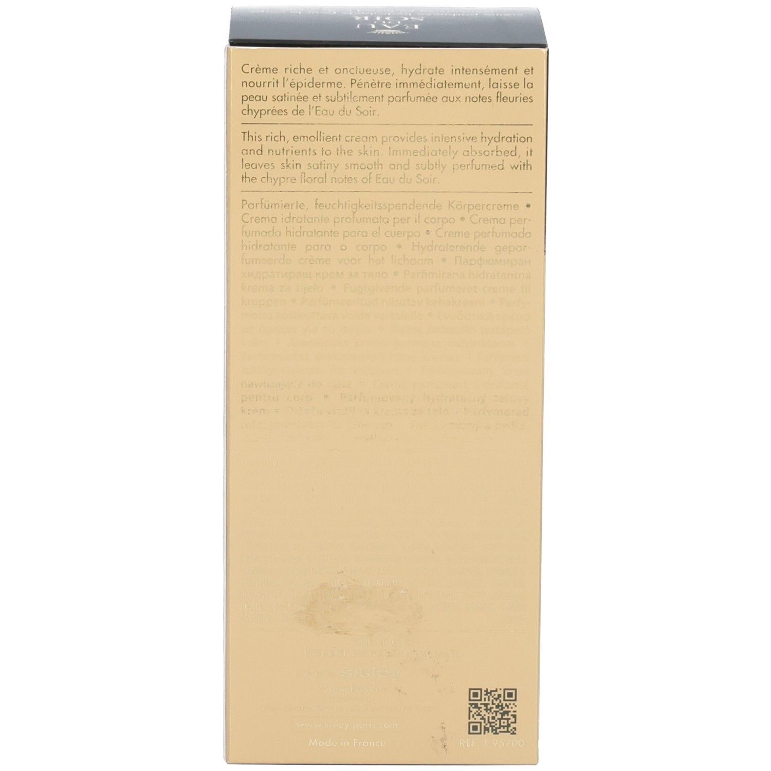 Rückseite einer goldenen Verpackungsbox mit Produktbeschreibung in mehreren Sprachen und QR-Code.