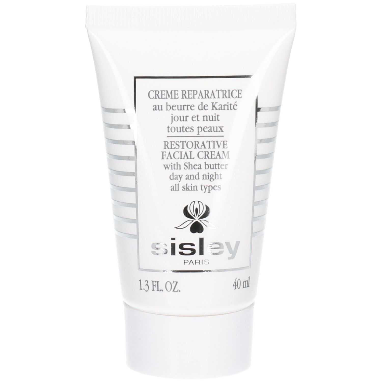 Sisley Creme Reparatrice Gesichtscreme in weißer Tube mit silbernen Streifen. 40 ml.