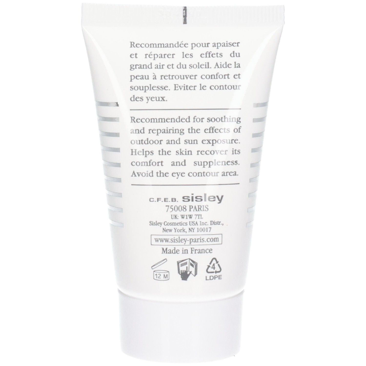 Rückseite der Sisley Creme Reparatrice Tube mit Anwendungshinweisen und Produktinformationen. Made in France.