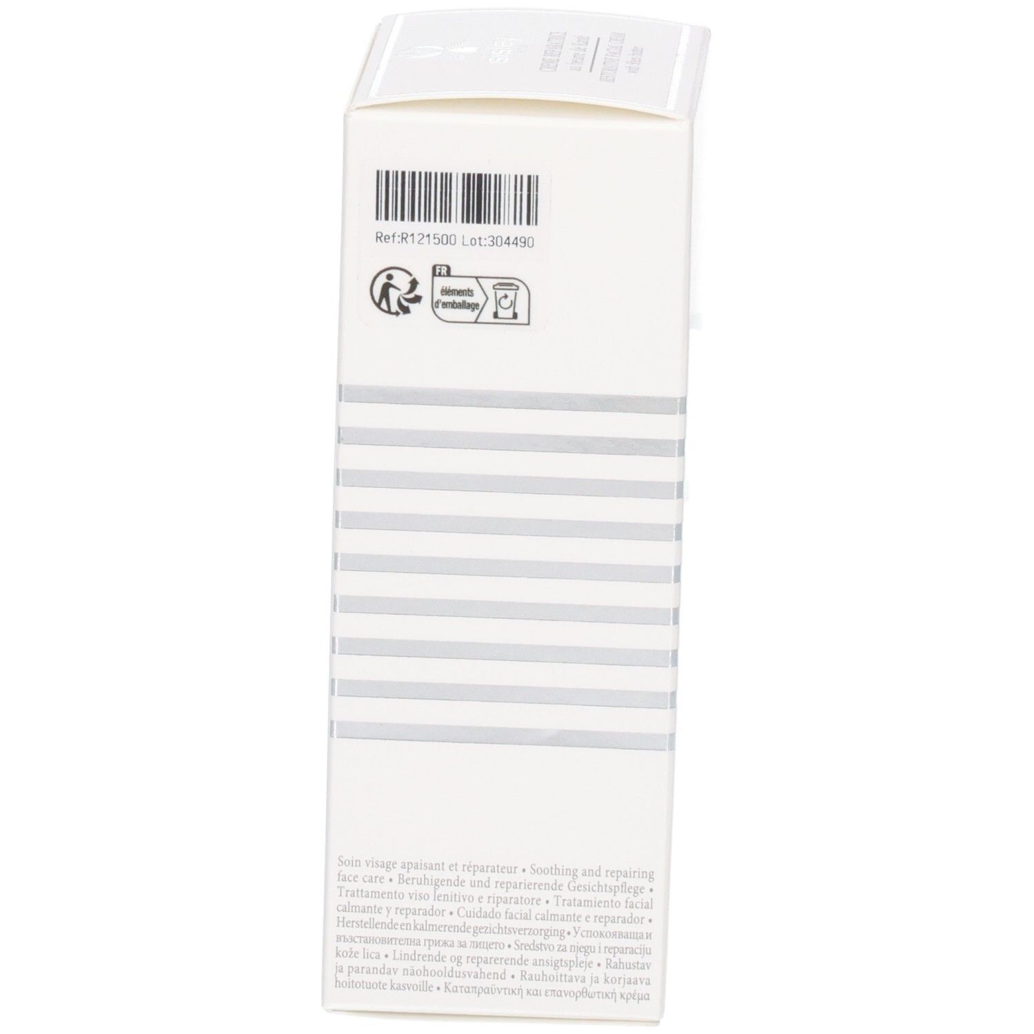 Seite der Sisley Creme Reparatrice Umverpackung mit Symbolen und Hinweisen zur Entsorgung.