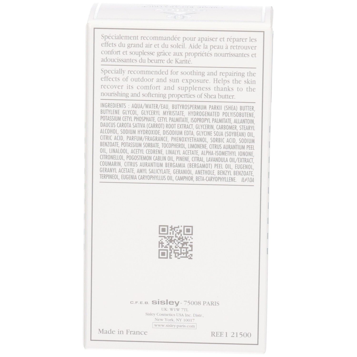 Rückseite der Sisley Creme Reparatrice Umverpackung mit Inhaltsstoffen und QR-Code. Made in France.