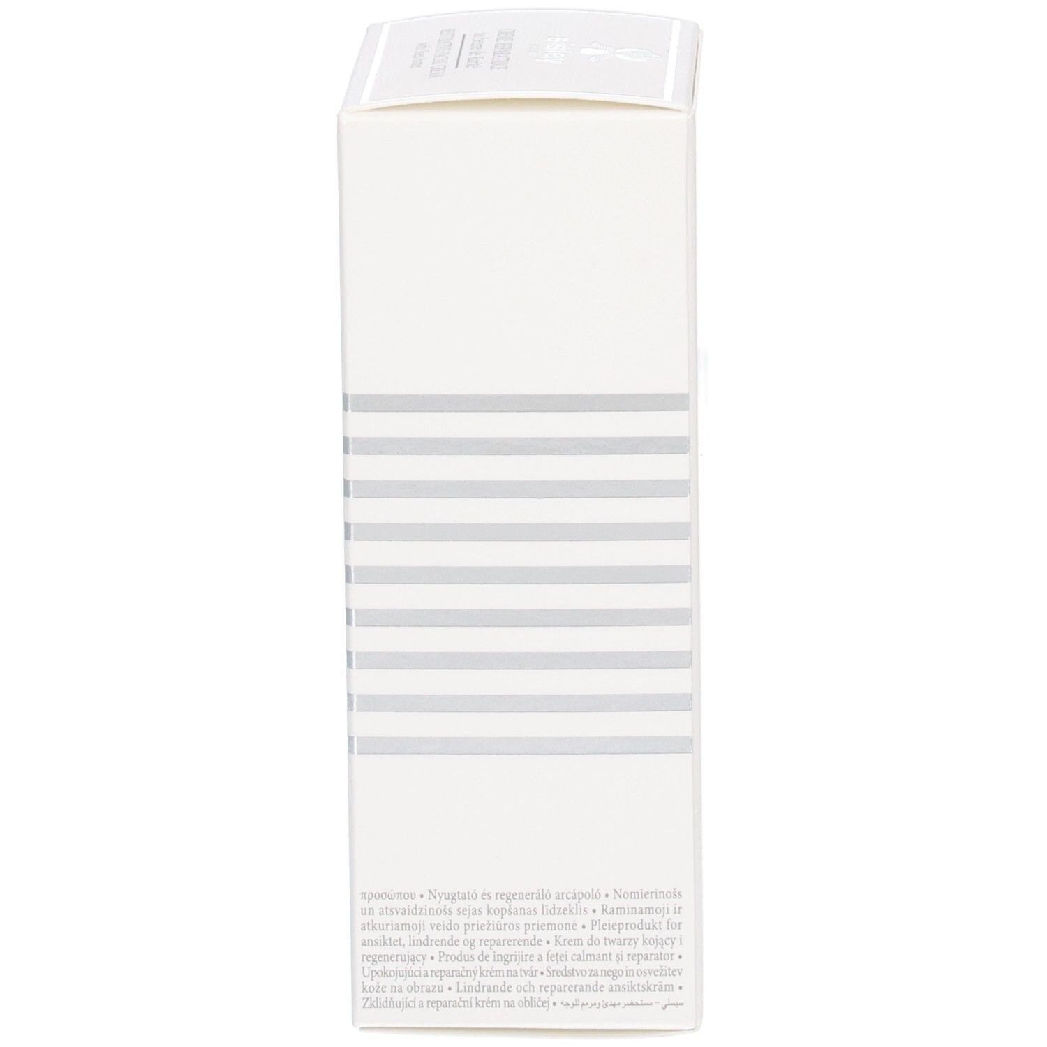 Seite der Sisley Creme Reparatrice Umverpackung mit mehrsprachigen Produktbeschreibungen.