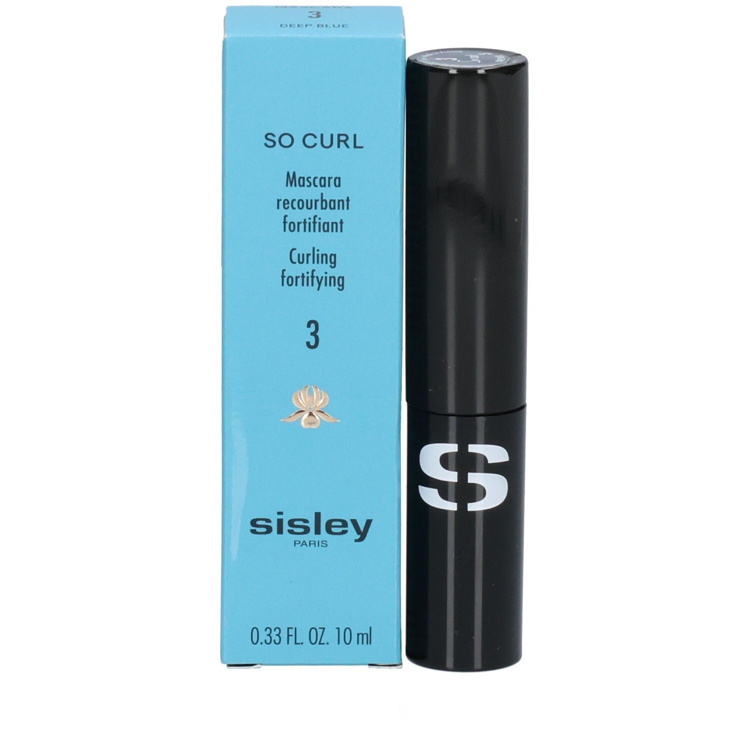 Sisley So Curl Mascara in schwarzer Verpackung mit blauer Box.