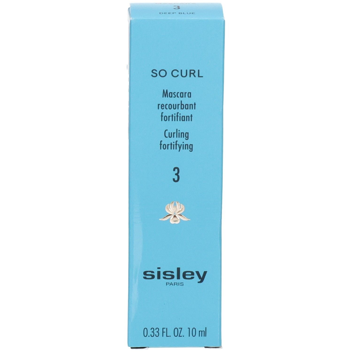 Blaue Sisley So Curl Mascara-Verpackung mit Produktinformationen.