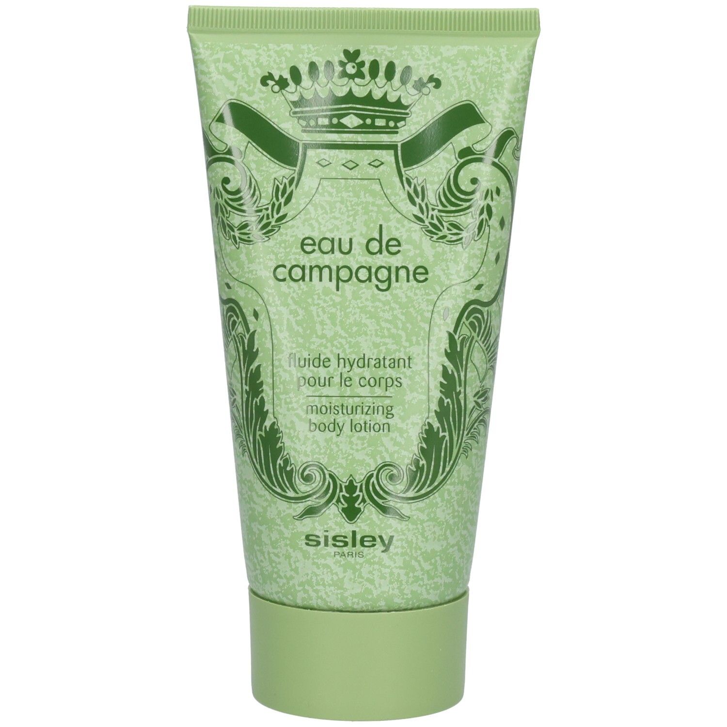 Sisley Eau de Campagne Feuchtigkeitsspendende Körperlotion in grüner Tube mit königlichem Wappenmotiv.