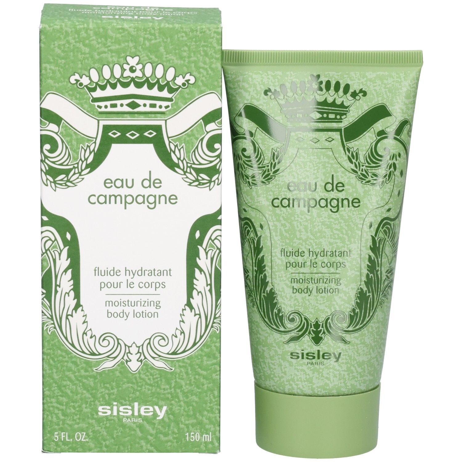 Sisley Eau de Campagne Feuchtigkeitsspendende Körperlotion neben ihrer grünen Verpackungsbox mit Wappenmotiv.
