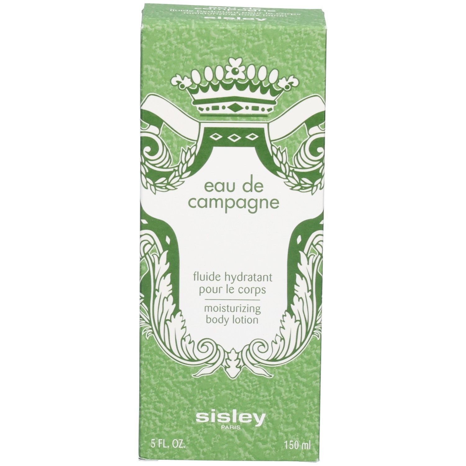Grüne Verpackungsbox für Sisley Eau de Campagne Feuchtigkeitsspendende Körperlotion mit königlichem Wappenmotiv.
