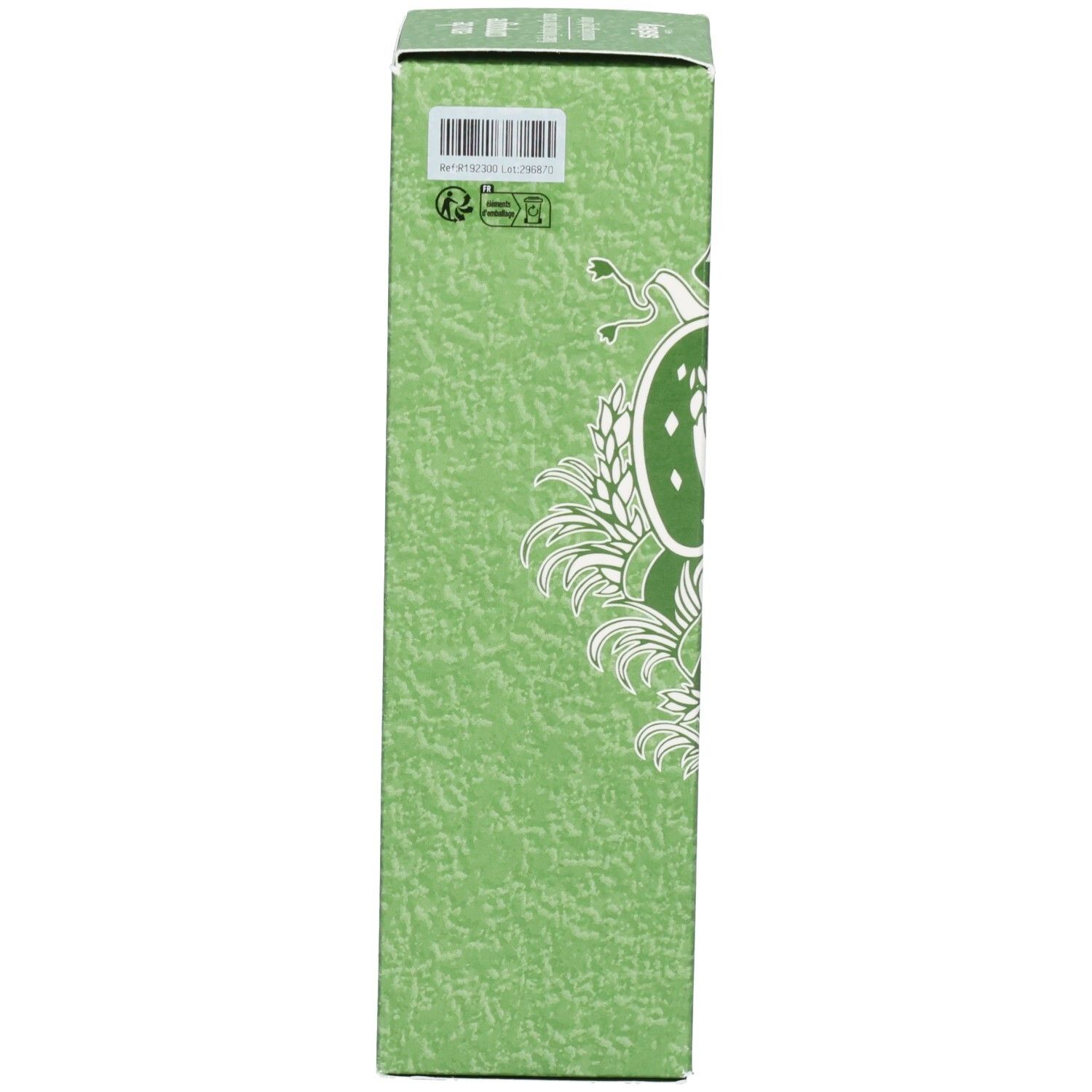 Seite der grünen Verpackungsbox für Sisley Eau de Campagne Feuchtigkeitsspendende Körperlotion mit Muster.