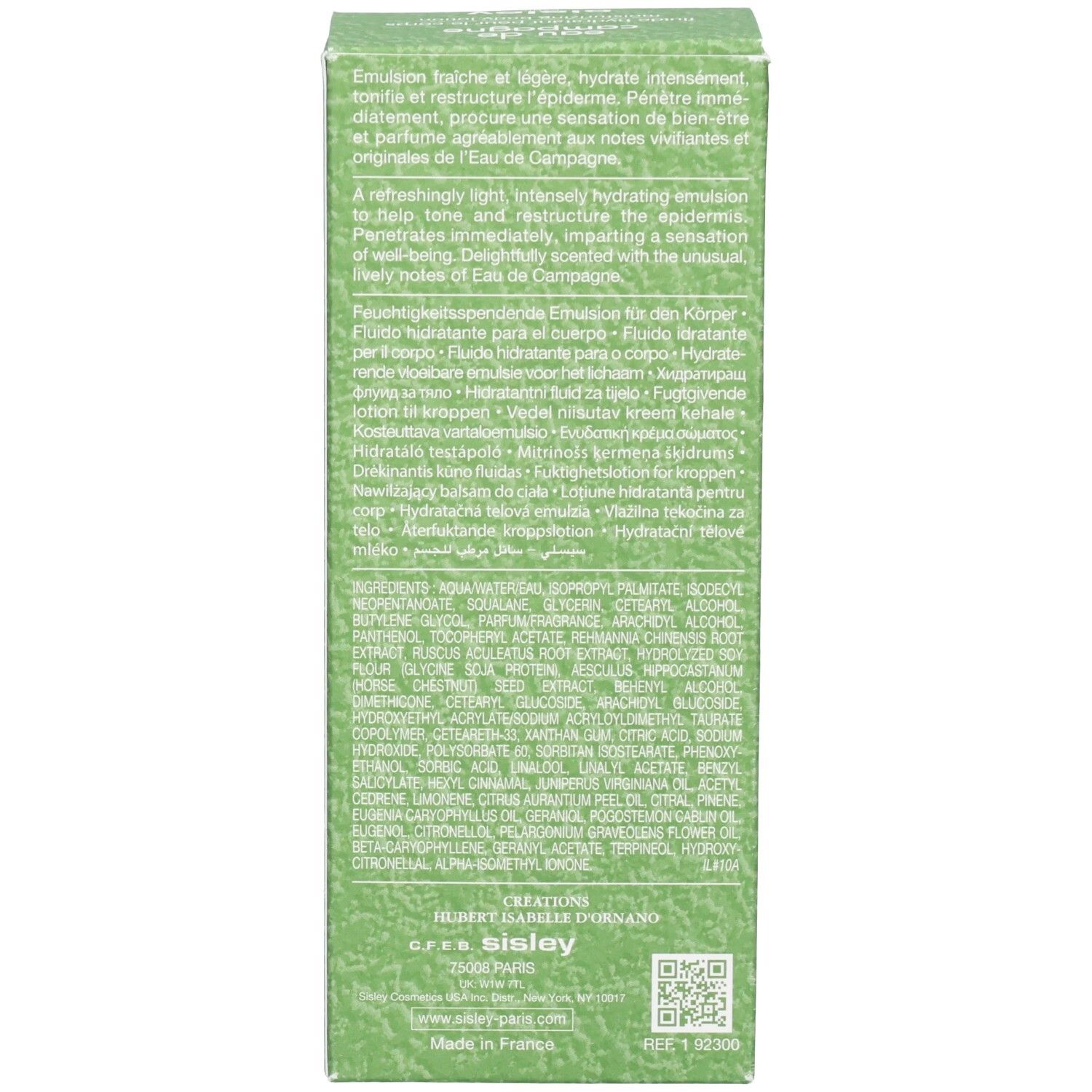 Rückseite der grünen Verpackungsbox für Sisley Eau de Campagne Feuchtigkeitsspendende Körperlotion mit Text und QR-Code.