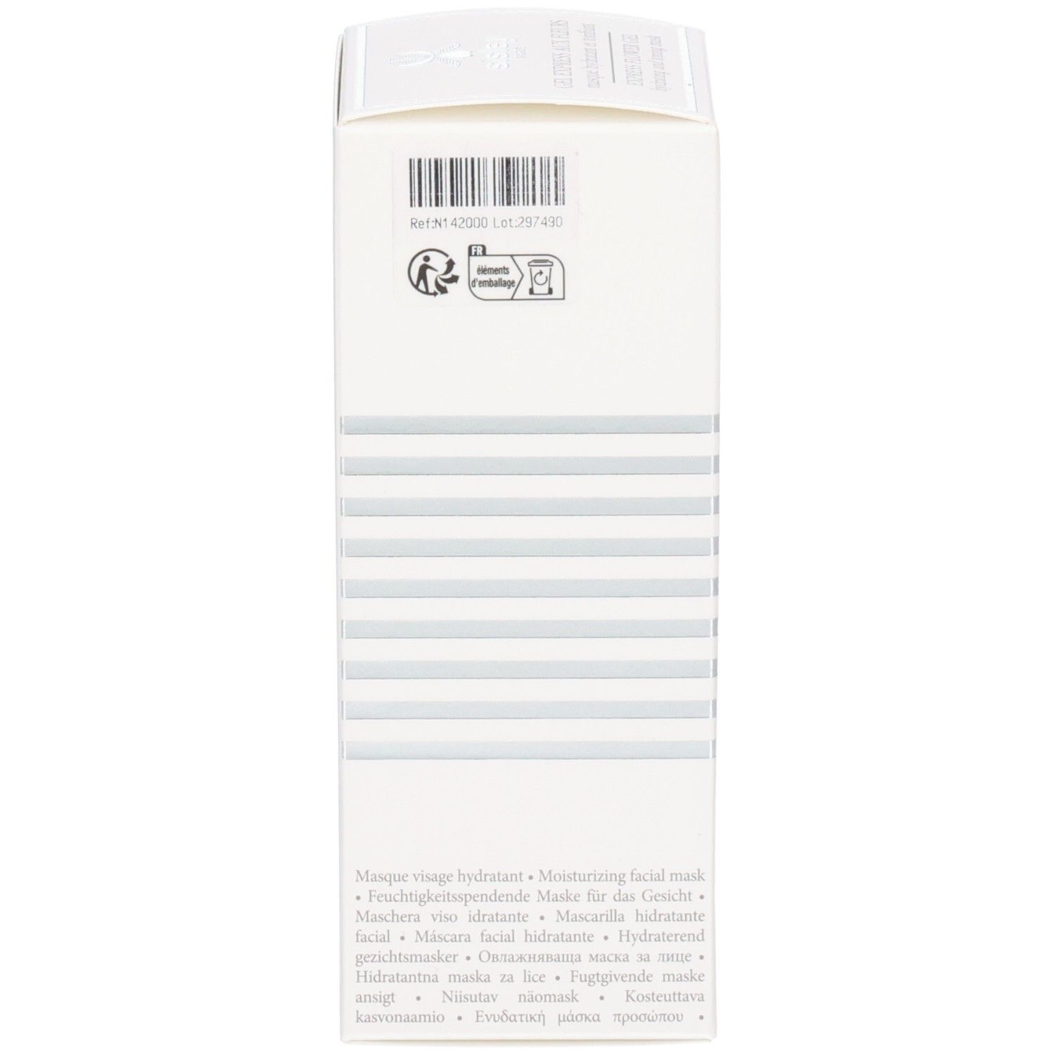 Seite der Sisley Express Flower Gel Faltschachtel mit Produktinformationen.