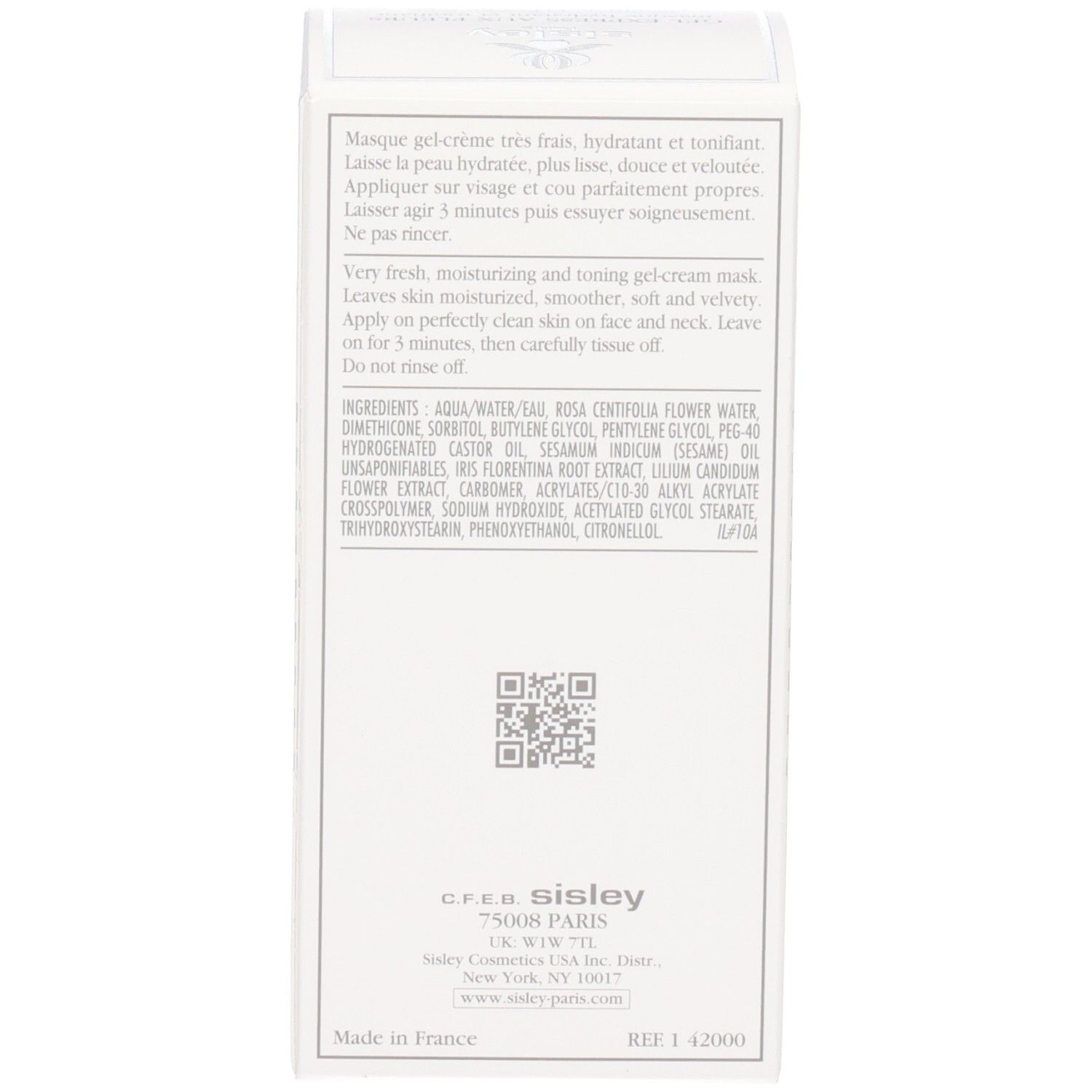 Rückseite der Sisley Express Flower Gel Faltschachtel mit Inhaltsstoffen.