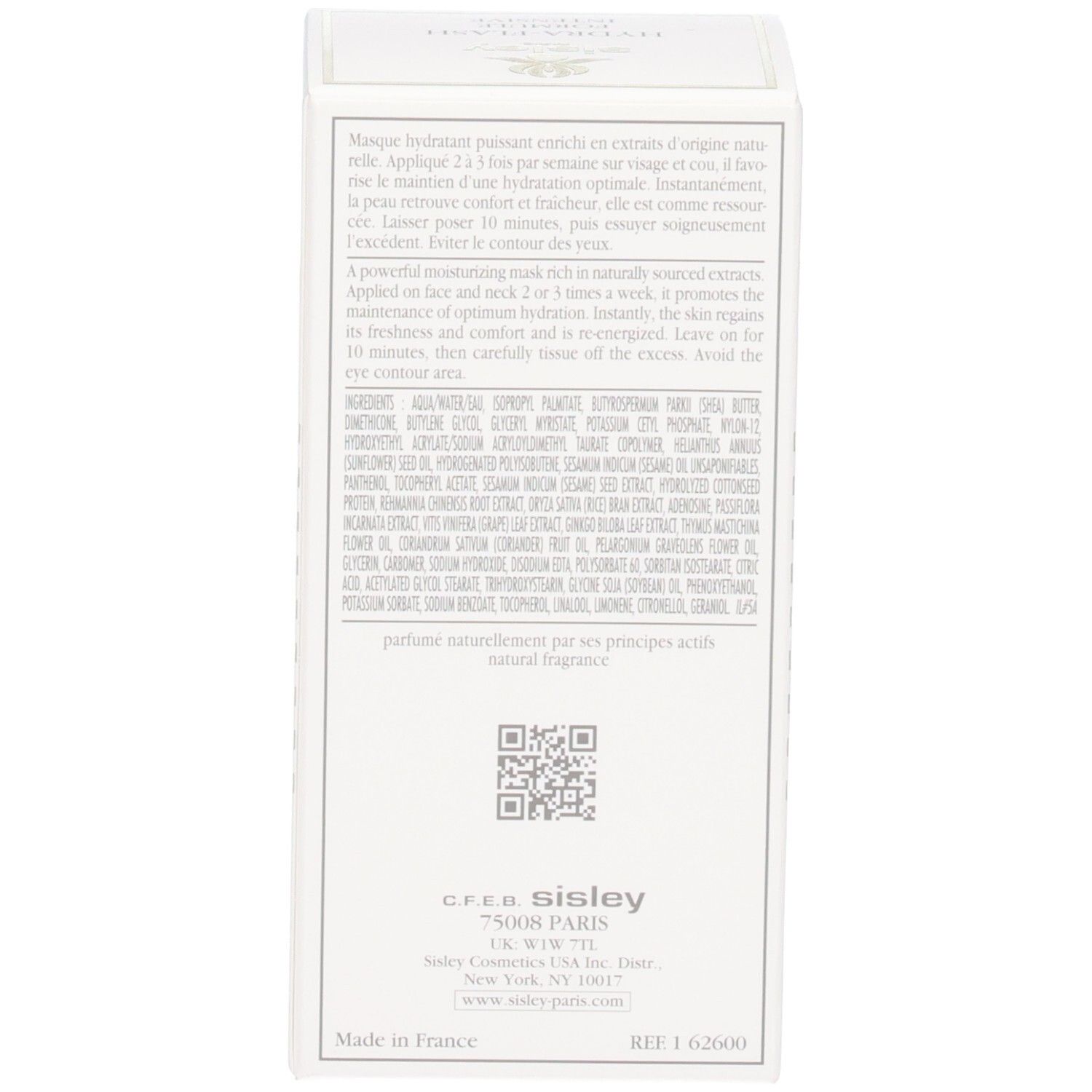 Rückseite der Sisley Hydra-Flash Formule Intensive Kartonverpackung mit Inhaltsstoffen.