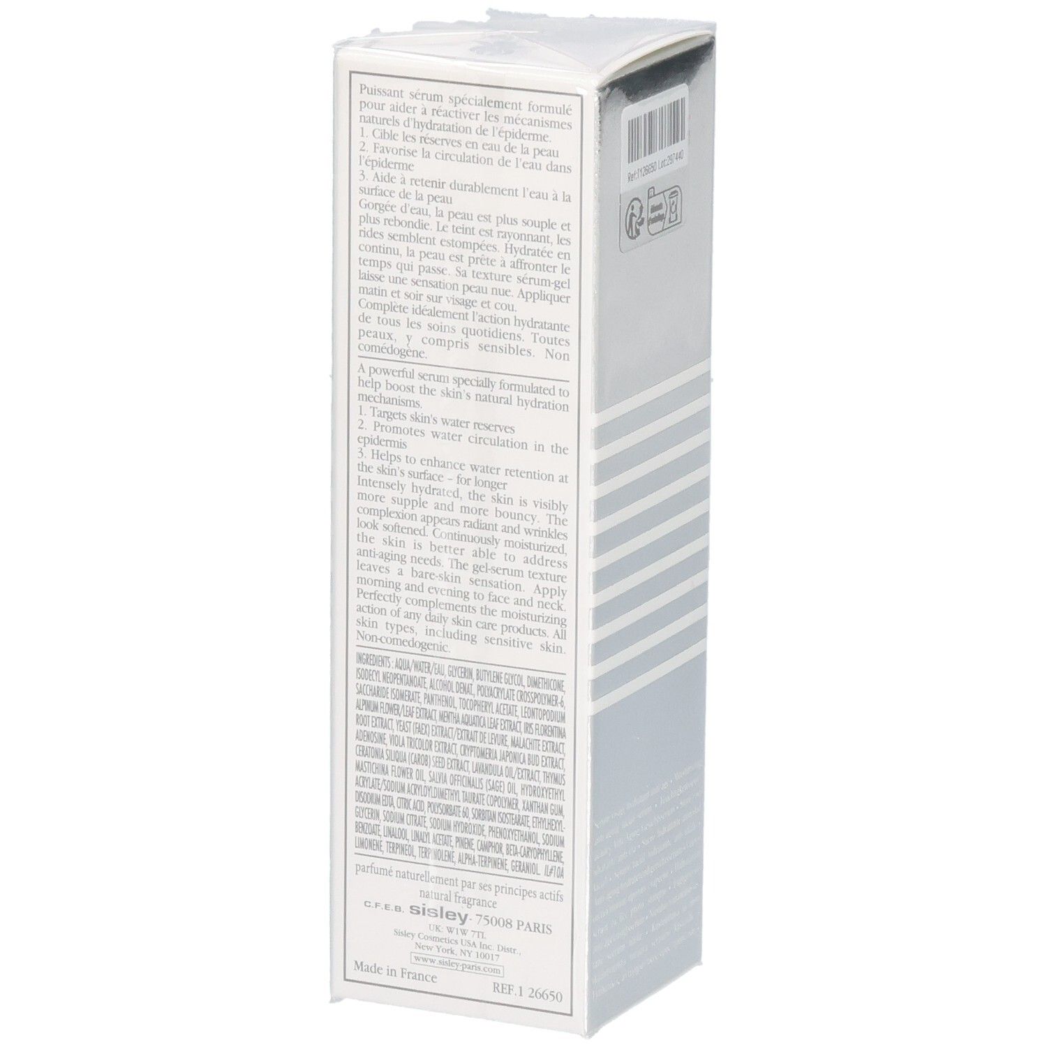 Sisley Hydra-Global Serum Anti-Aging Hydration Booster Verpackung mit Anwendungshinweisen und Inhaltsstoffen.